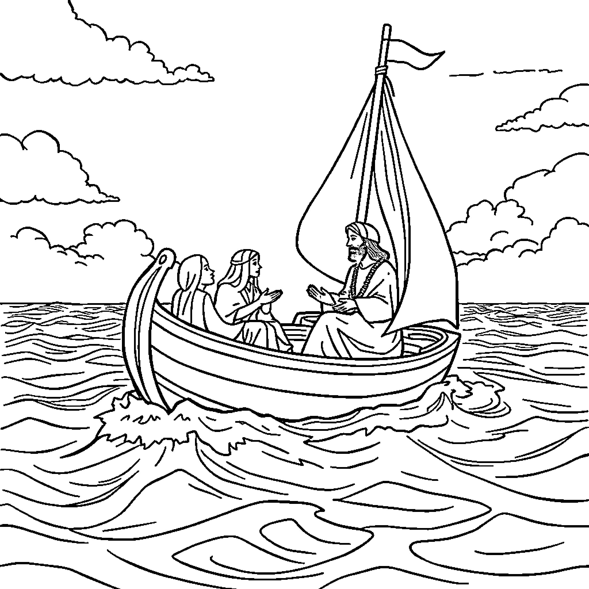 Jesus teaching disciples in a boat on the sea Coloring Page (free black-and-white line drawing printable PDF for all, from beginners to advanced learners, including children, teens, adults, and seniors)