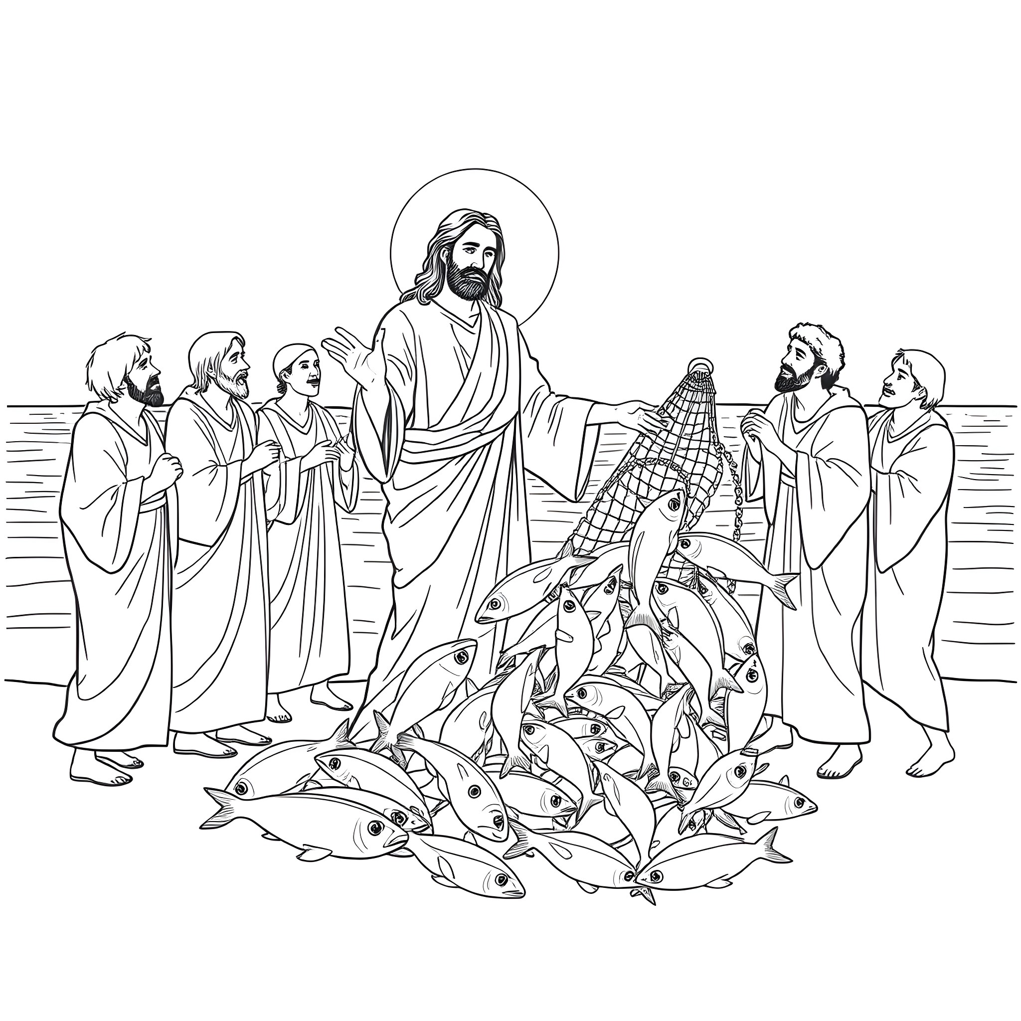 Jesus teaching and healing the sick and afflicted Coloring Page (free black-and-white line drawing printable PDF for all, from beginners to advanced learners, including children, teens, adults, and seniors)