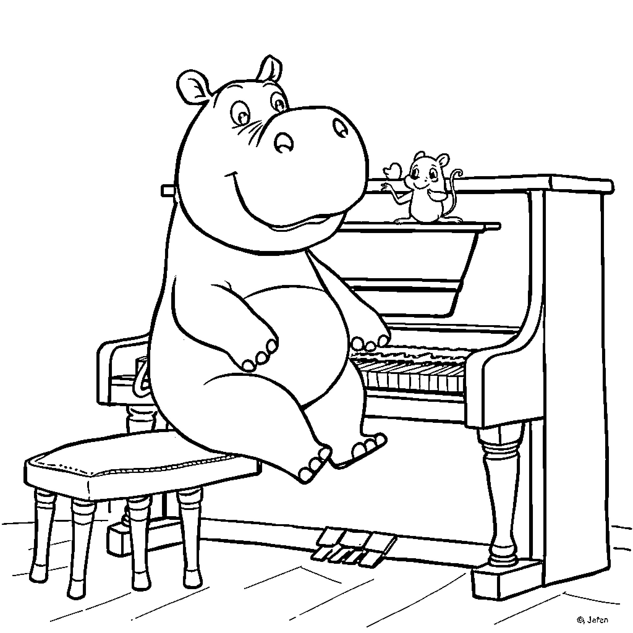 Hippo playing joyfully with mouse on piano Coloring Page (free black-and-white line drawing printable PDF for all, from beginners to advanced learners, including children, teens, adults, and seniors)