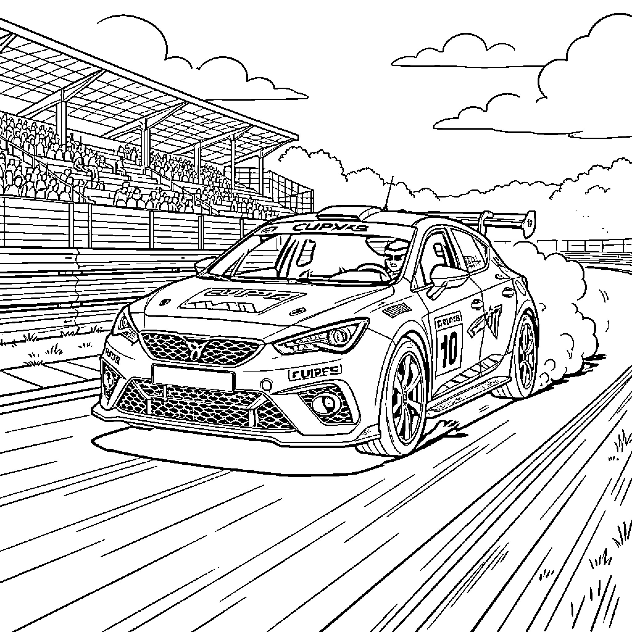 Cupra racing car speeding on a track with smoke Coloring Page (free black-and-white line drawing printable PDF for all, from beginners to advanced learners, including children, teens, adults, and seniors)