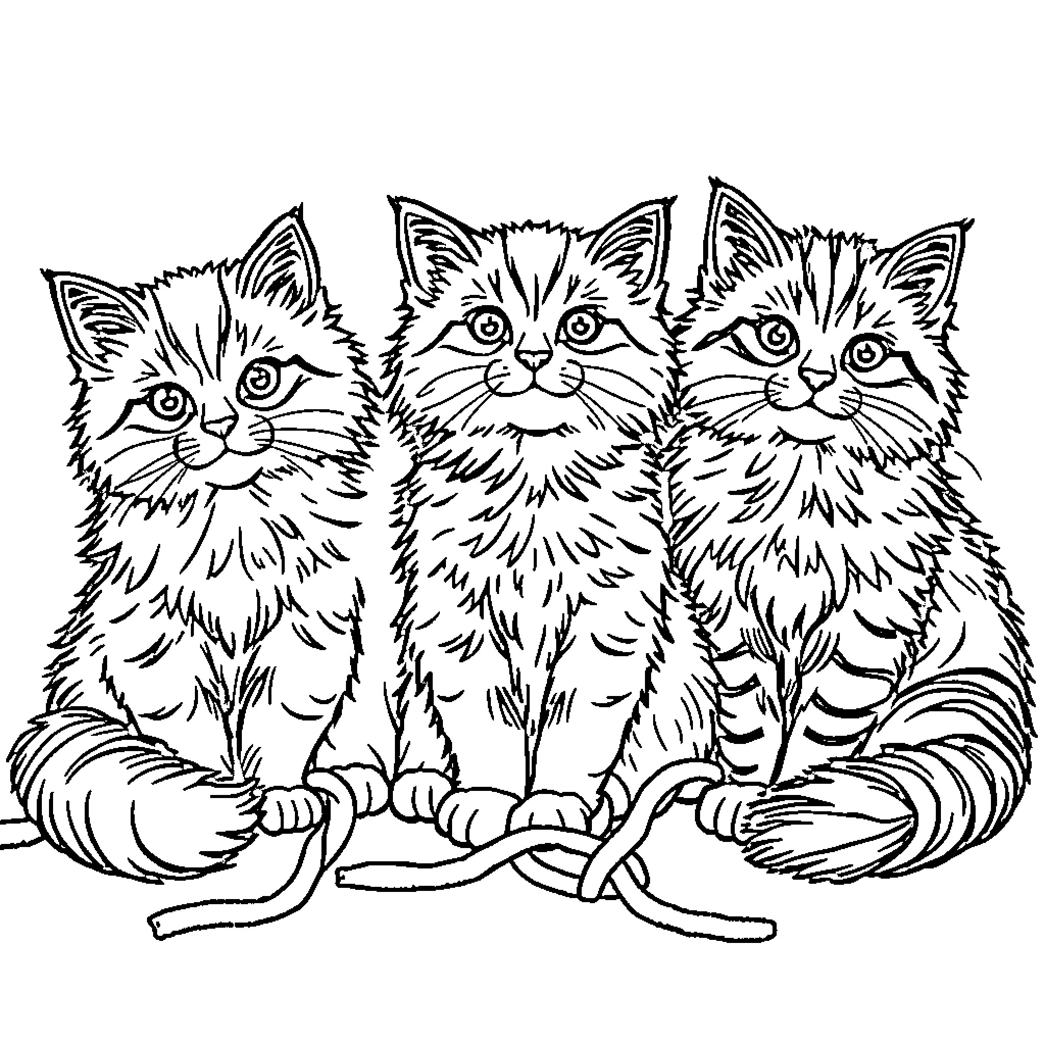 Cat trio of fluffy kittens gazing intently Coloring Page (free black-and-white line drawing printable PDF for all, from beginners to advanced learners, including children, teens, adults, and seniors)