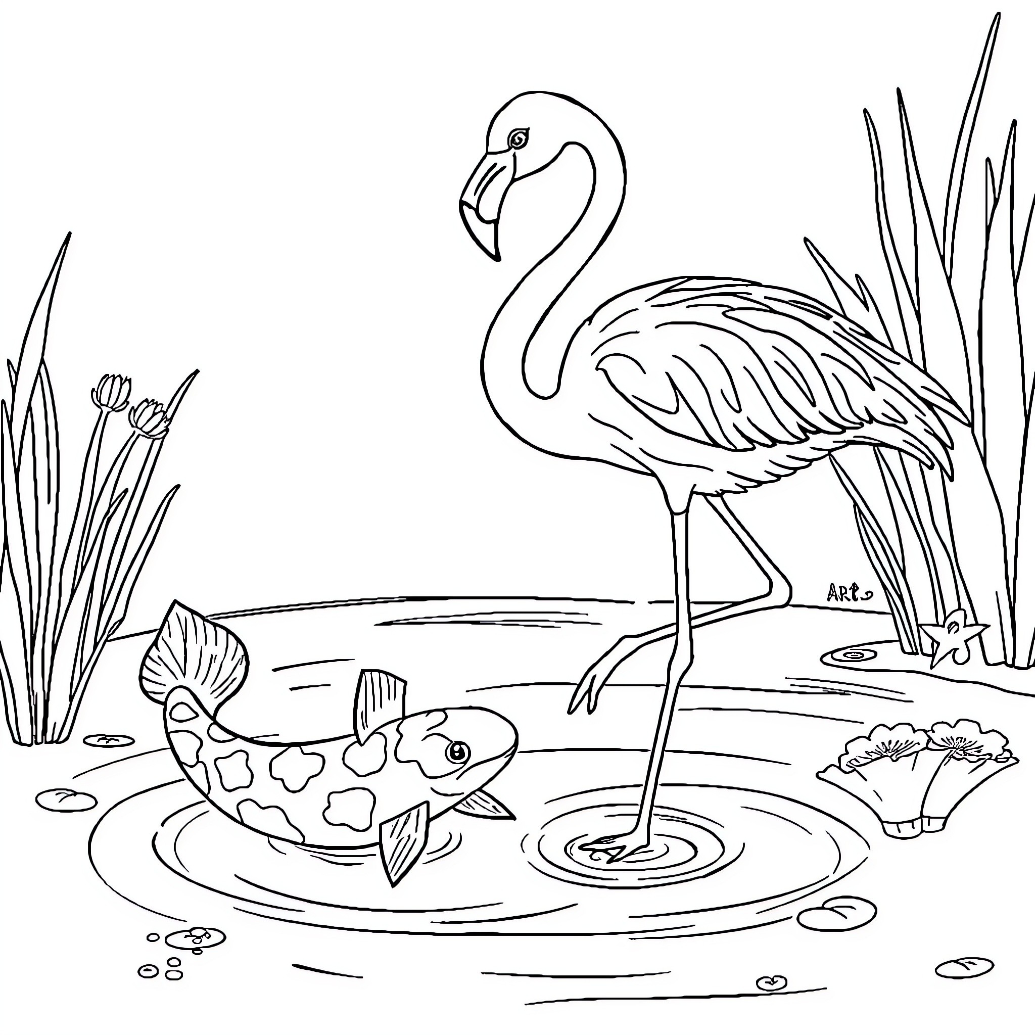 Flamingo standing gracefully by a pond Coloring Page (free black-and-white line drawing printable PDF for all, from beginners to advanced learners, including children, teens, adults, and seniors)