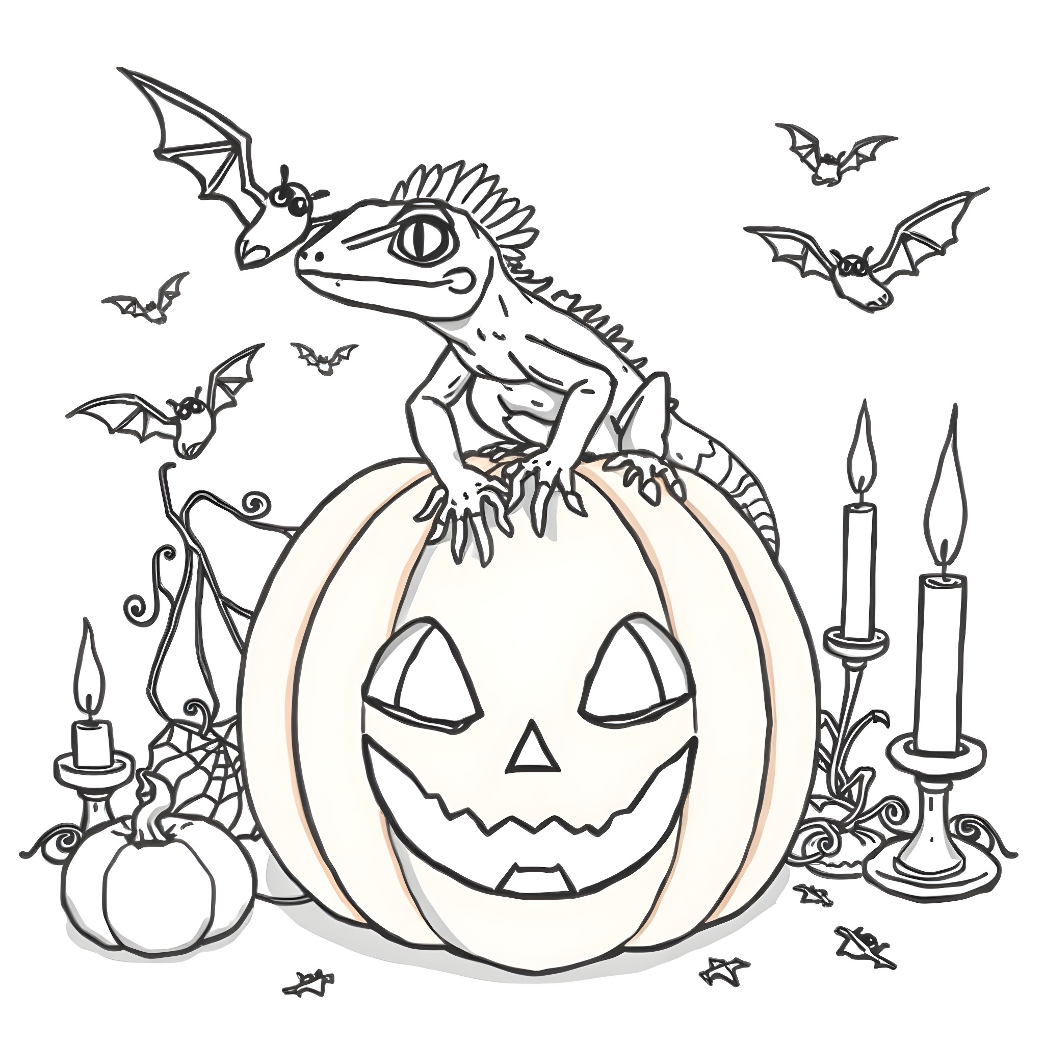 Crested Gecko exploring Halloween decorations Coloring Page (free black-and-white line drawing printable PDF for all, from beginners to advanced learners, including children, teens, adults, and seniors)
