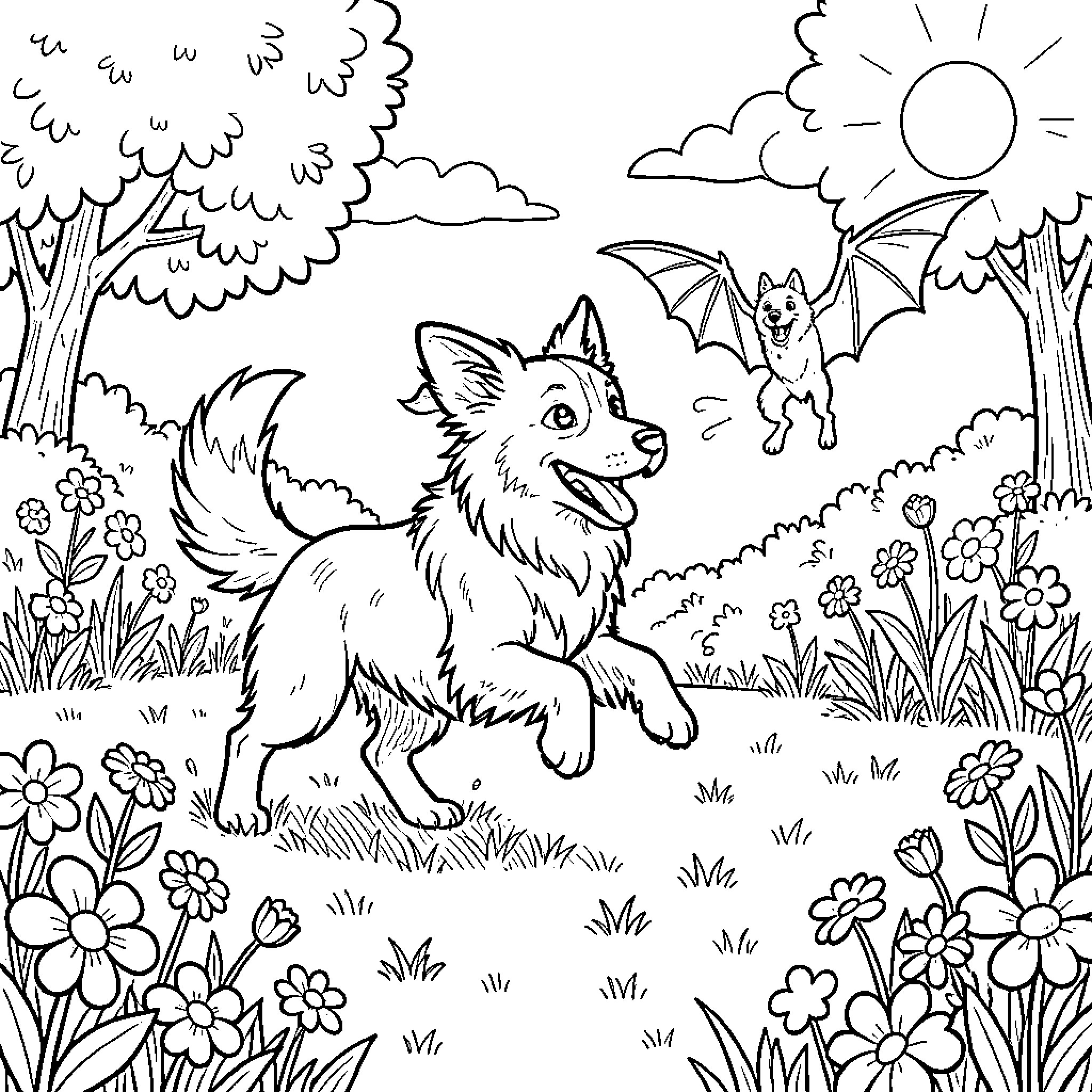Border Collie playing in a lush forest landscape Coloring Page (free black-and-white line drawing printable PDF for all, from beginners to advanced learners, including children, teens, adults, and seniors)