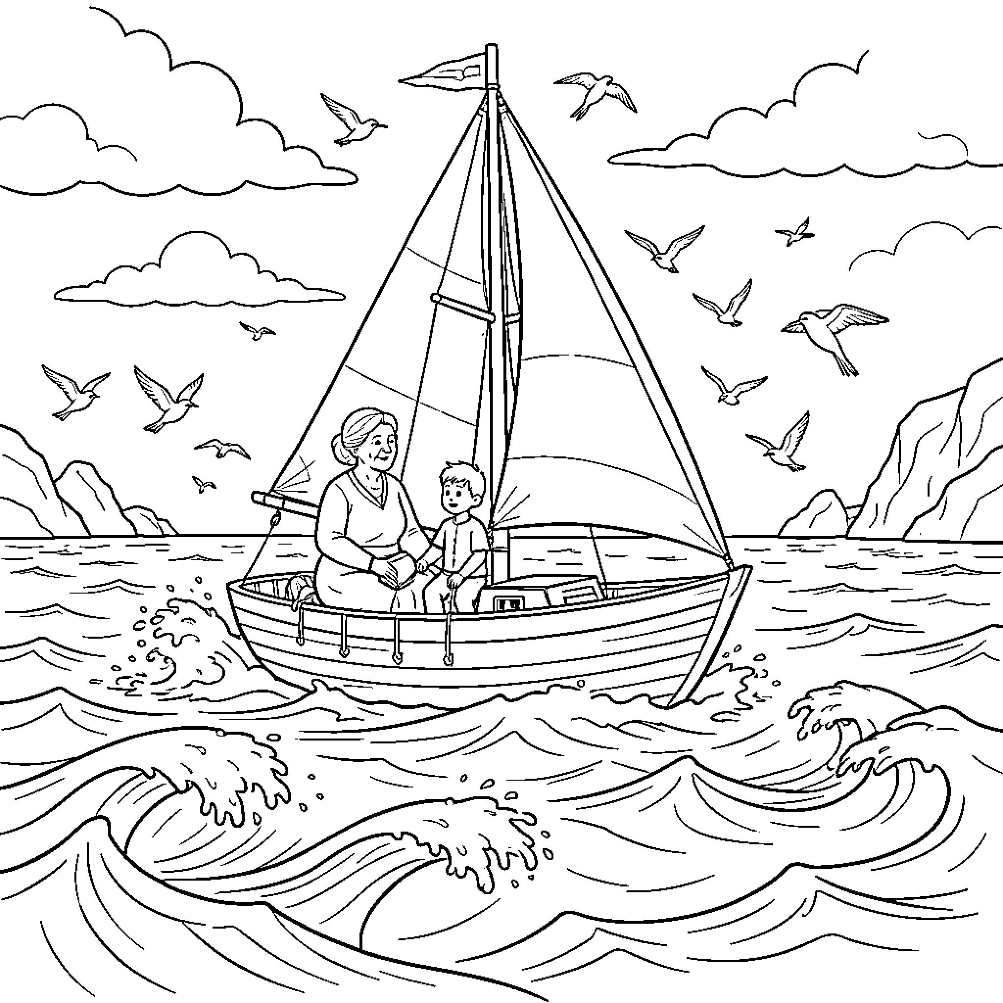Voilier carrying a woman and a child on waves Coloring Page (free black-and-white line drawing printable PDF for all, from beginners to advanced learners, including children, teens, adults, and seniors)