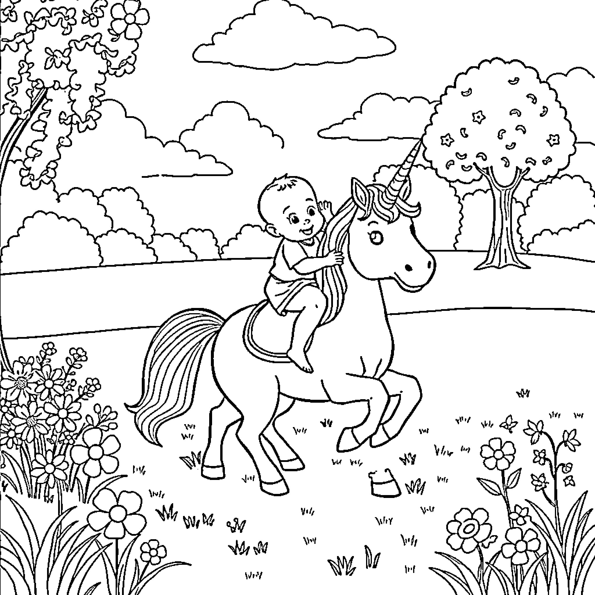 Unicorn ride through a flowery field Coloring Page (free black-and-white line drawing printable PDF for all, from beginners to advanced learners, including children, teens, adults, and seniors)