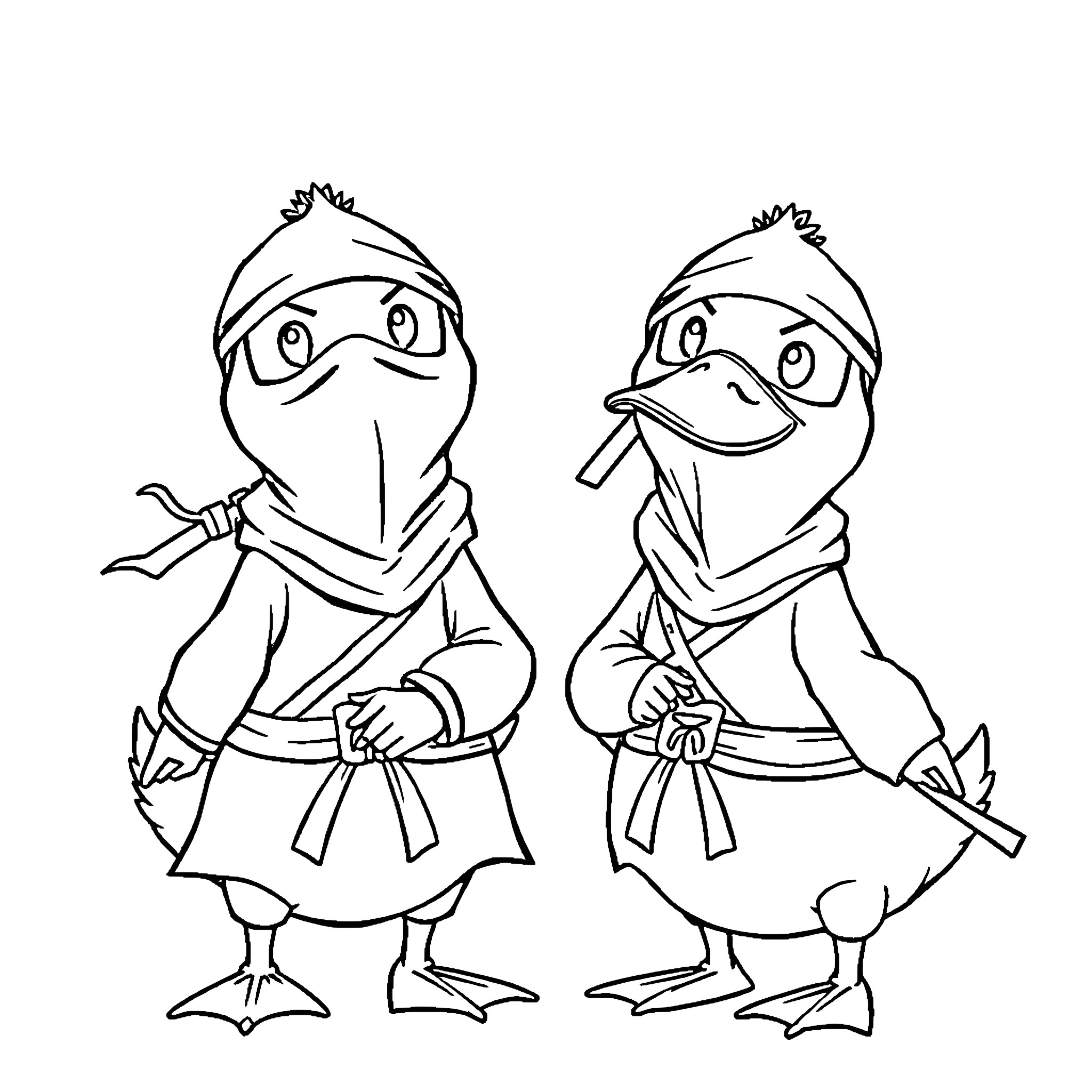 Ninja Ducks in Action Coloring Page (free black-and-white line drawing printable PDF for all, from beginners to advanced learners, including children, teens, adults, and seniors)