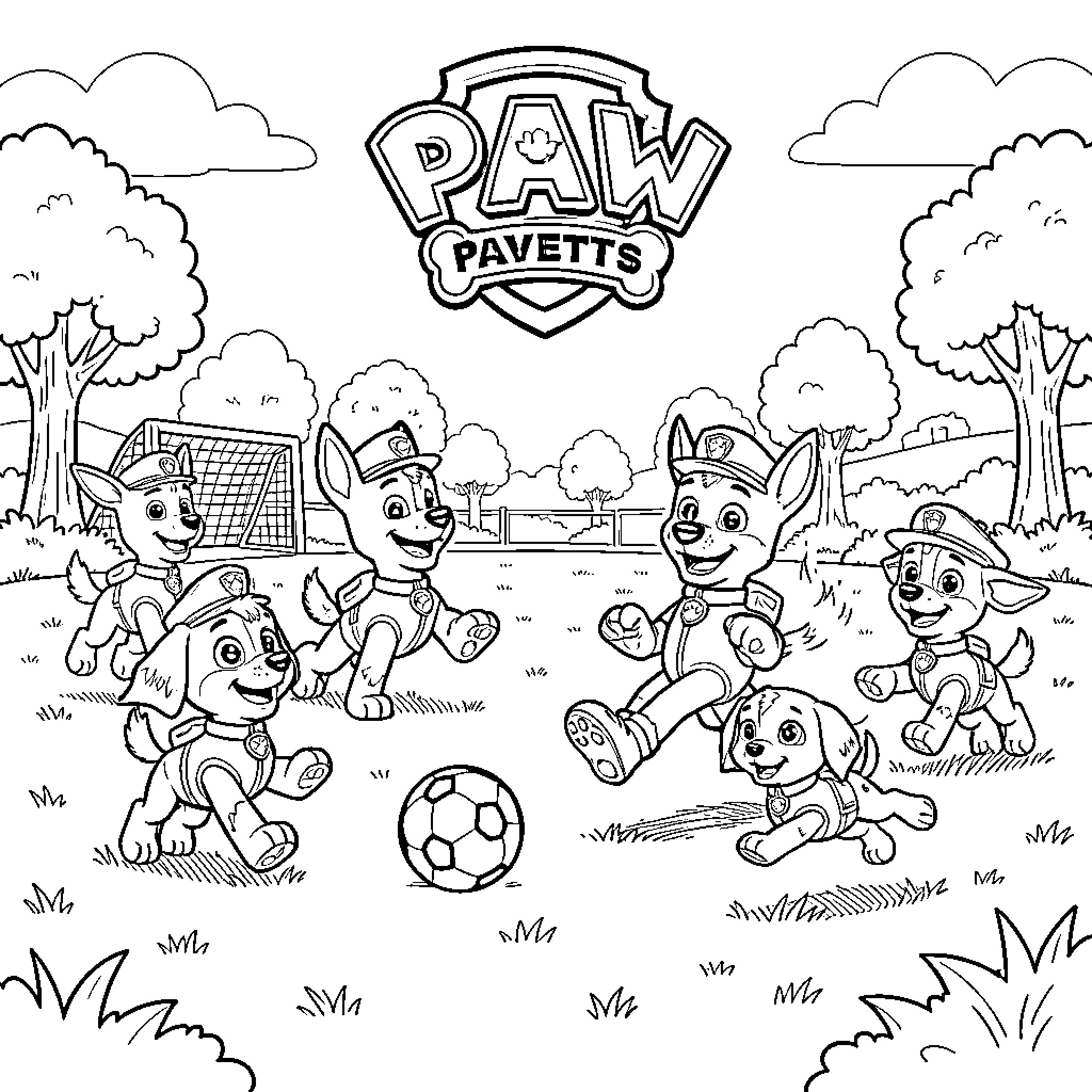 Paw Patrol pups playing soccer in a grassy park Coloring Page (free black-and-white line drawing printable PDF for all, from beginners to advanced learners, including children, teens, adults, and seniors)