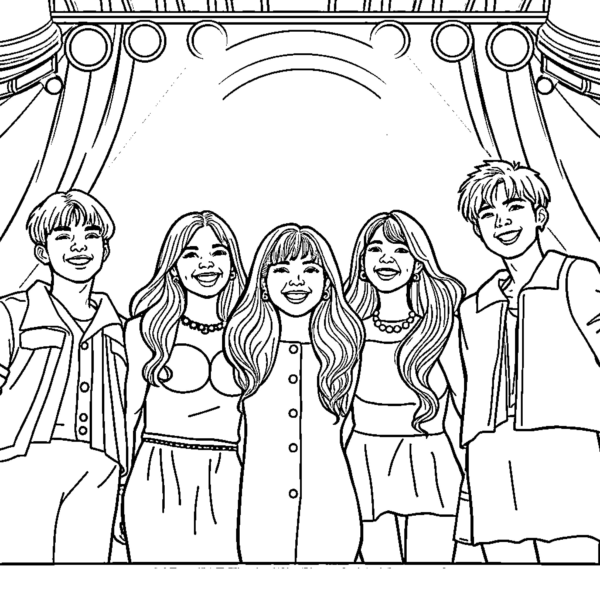 K Pop Performers Posing on Stage Coloring Page (free black-and-white line drawing printable PDF for all, from beginners to advanced learners, including children, teens, adults, and seniors)