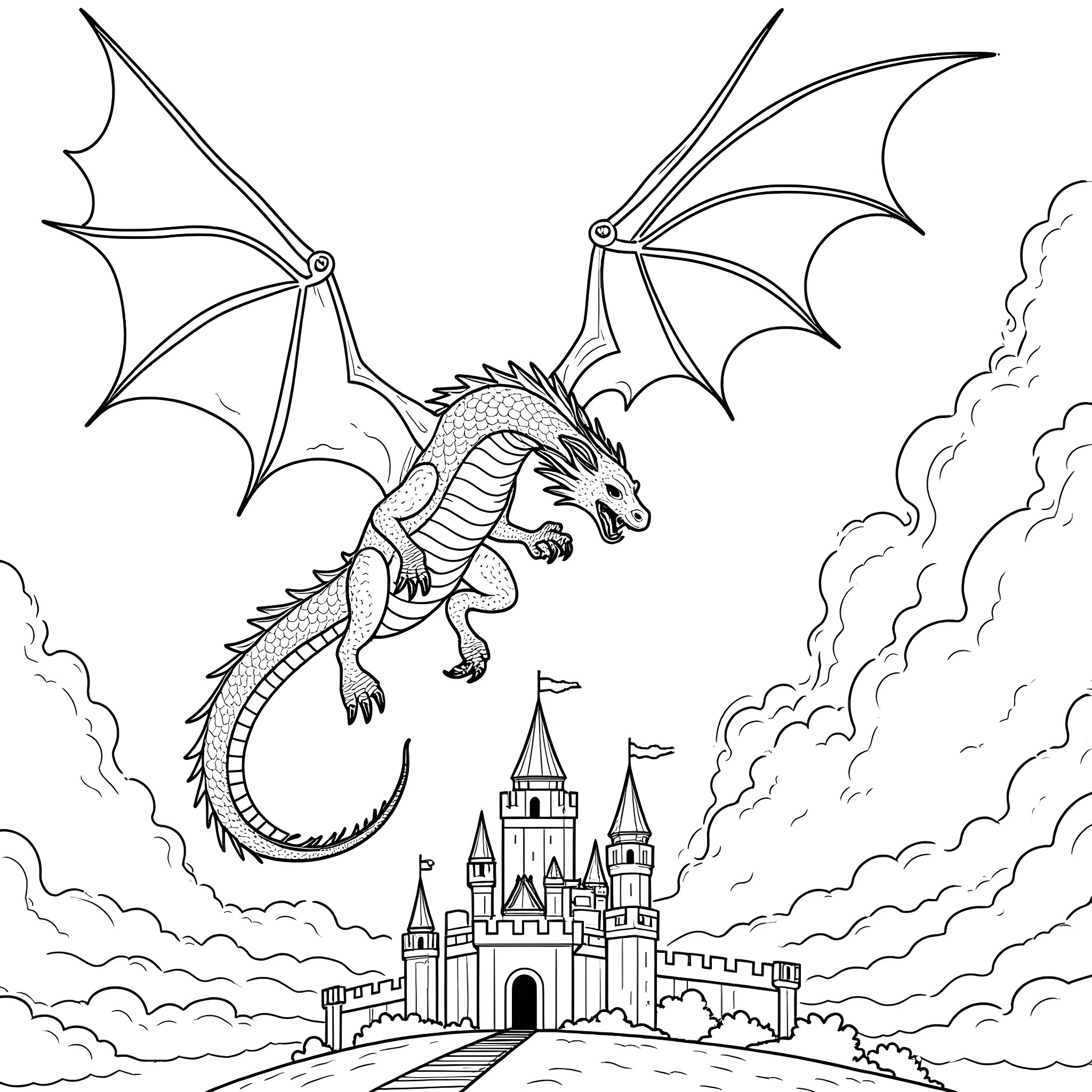 Dragon soaring over a fantasy castle Coloring Page (free black-and-white line drawing printable PDF for all, from beginners to advanced learners, including children, teens, adults, and seniors)