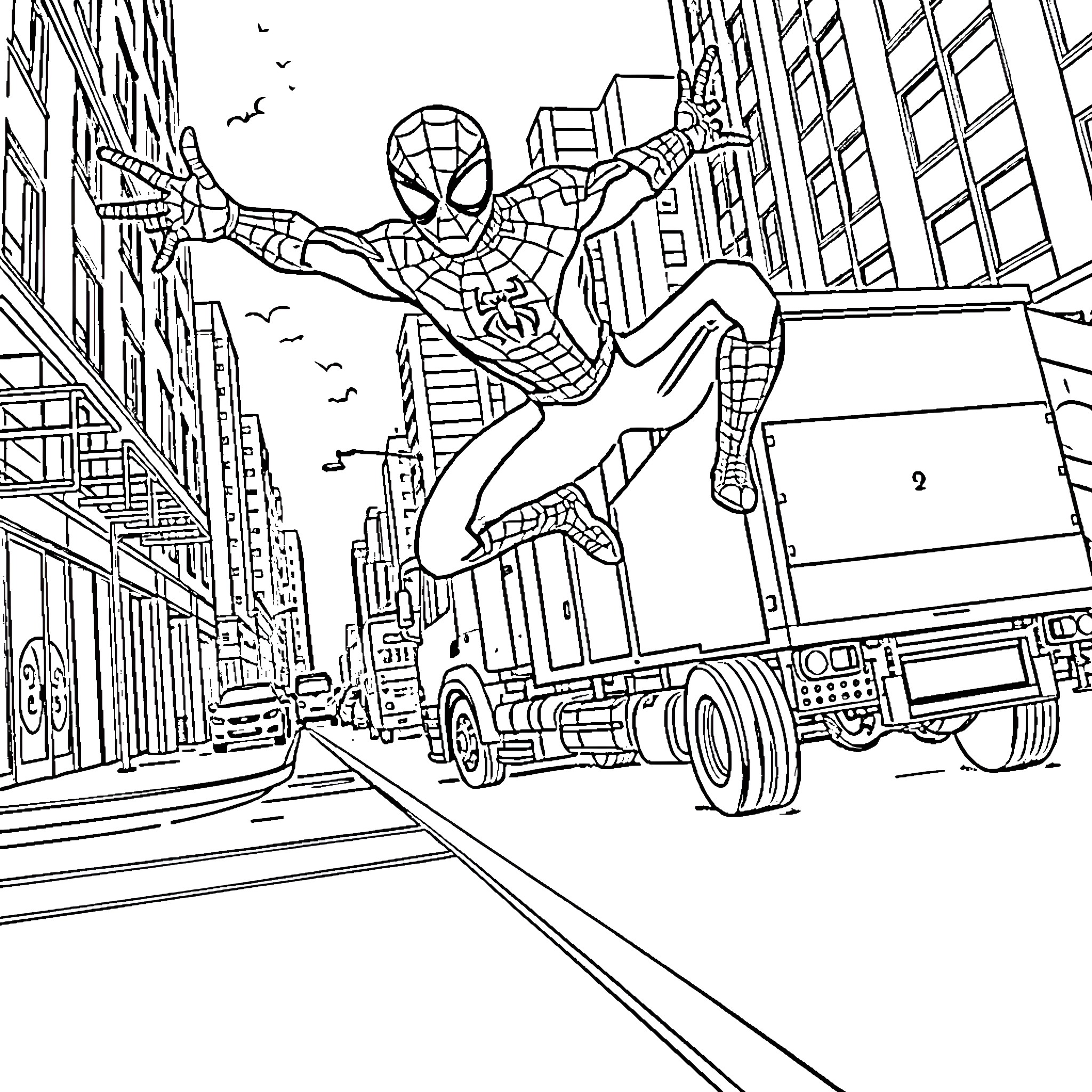Spiderman swinging through the city skyline Coloring Page (free black-and-white line drawing printable PDF for all, from beginners to advanced learners, including children, teens, adults, and seniors)