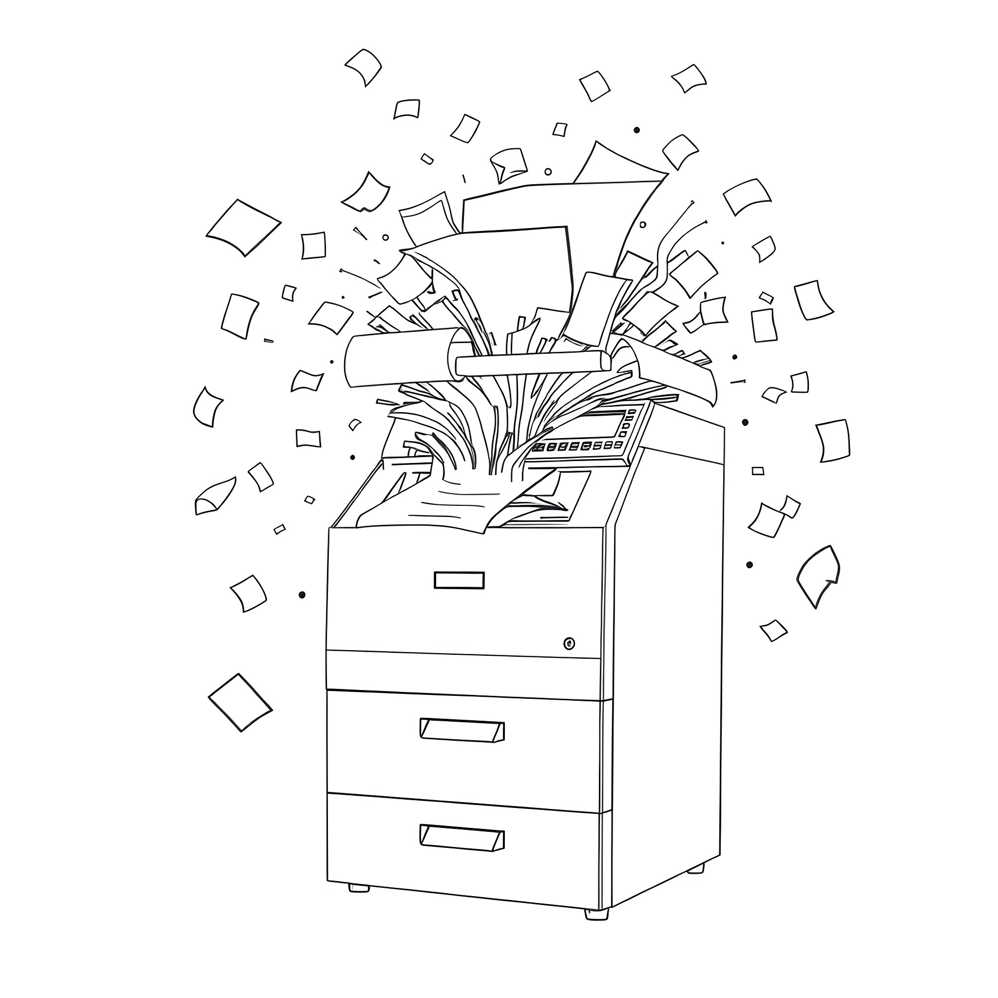 Photocopier spewing out chaotic paper explosion Coloring Page (free black-and-white line drawing printable PDF for all, from beginners to advanced learners, including children, teens, adults, and seniors)