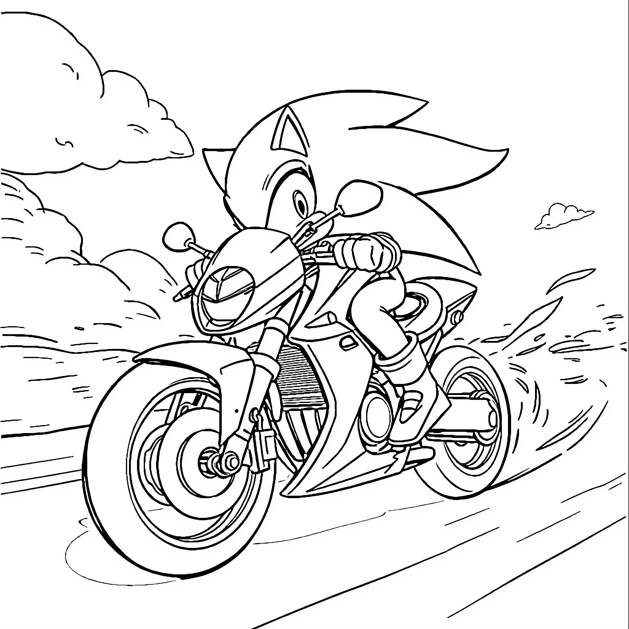 Sonic speeding on a motorcycle through the countryside Coloring Page (free black-and-white line drawing printable PDF for all, from beginners to advanced learners, including children, teens, adults, and seniors)