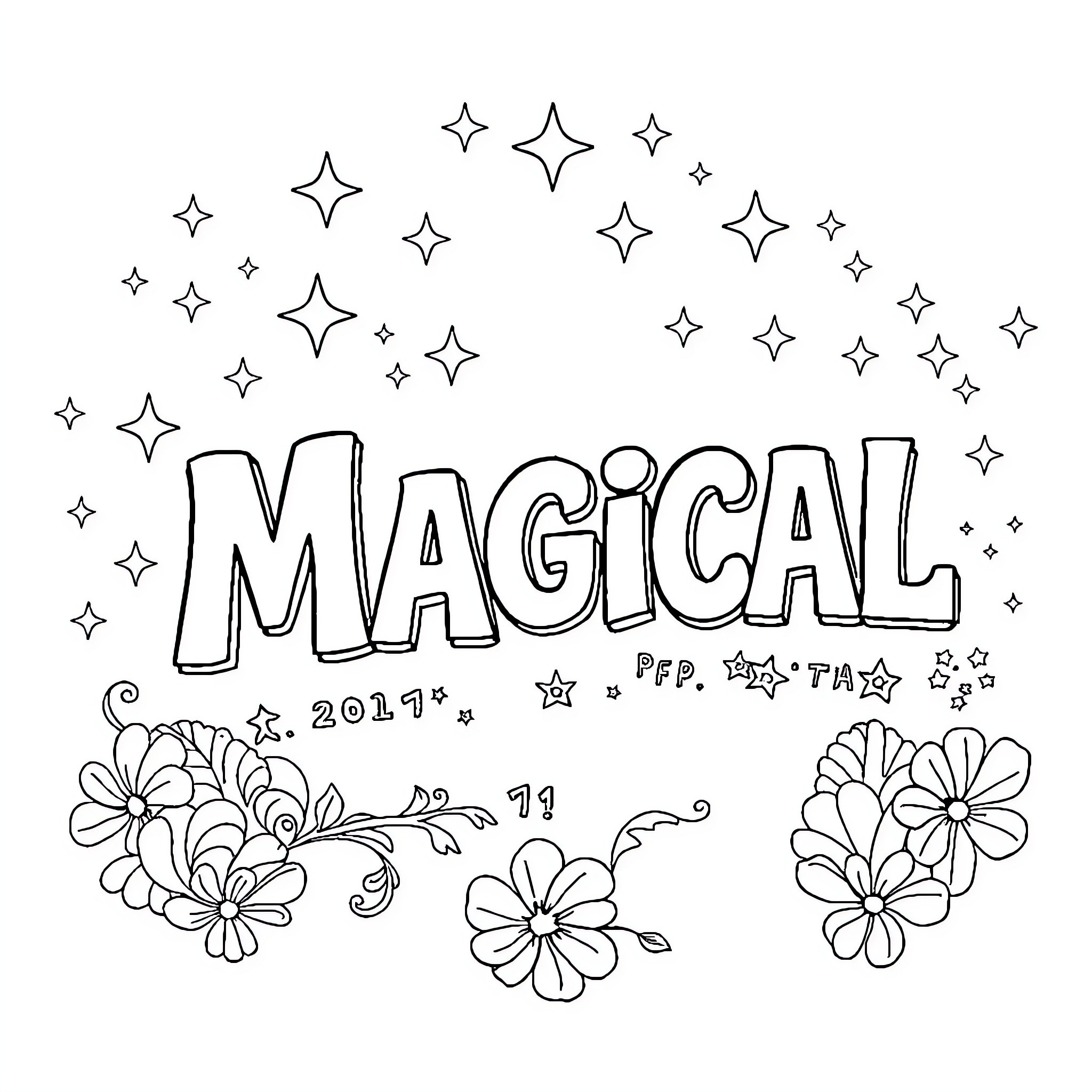 Letter with Magical Elements and Floral Designs Coloring Page (free black-and-white line drawing printable PDF for all, from beginners to advanced learners, including children, teens, adults, and seniors)