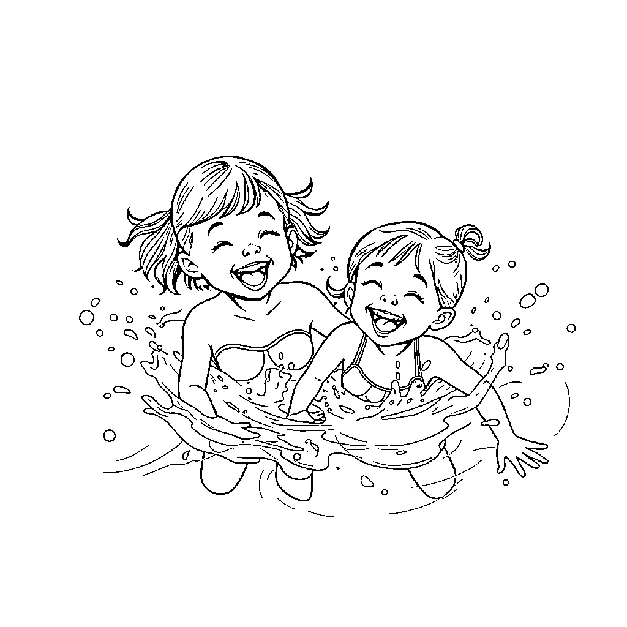 Sisters playing joyfully in the water Coloring Page (free black-and-white line drawing printable PDF for all, from beginners to advanced learners, including children, teens, adults, and seniors)