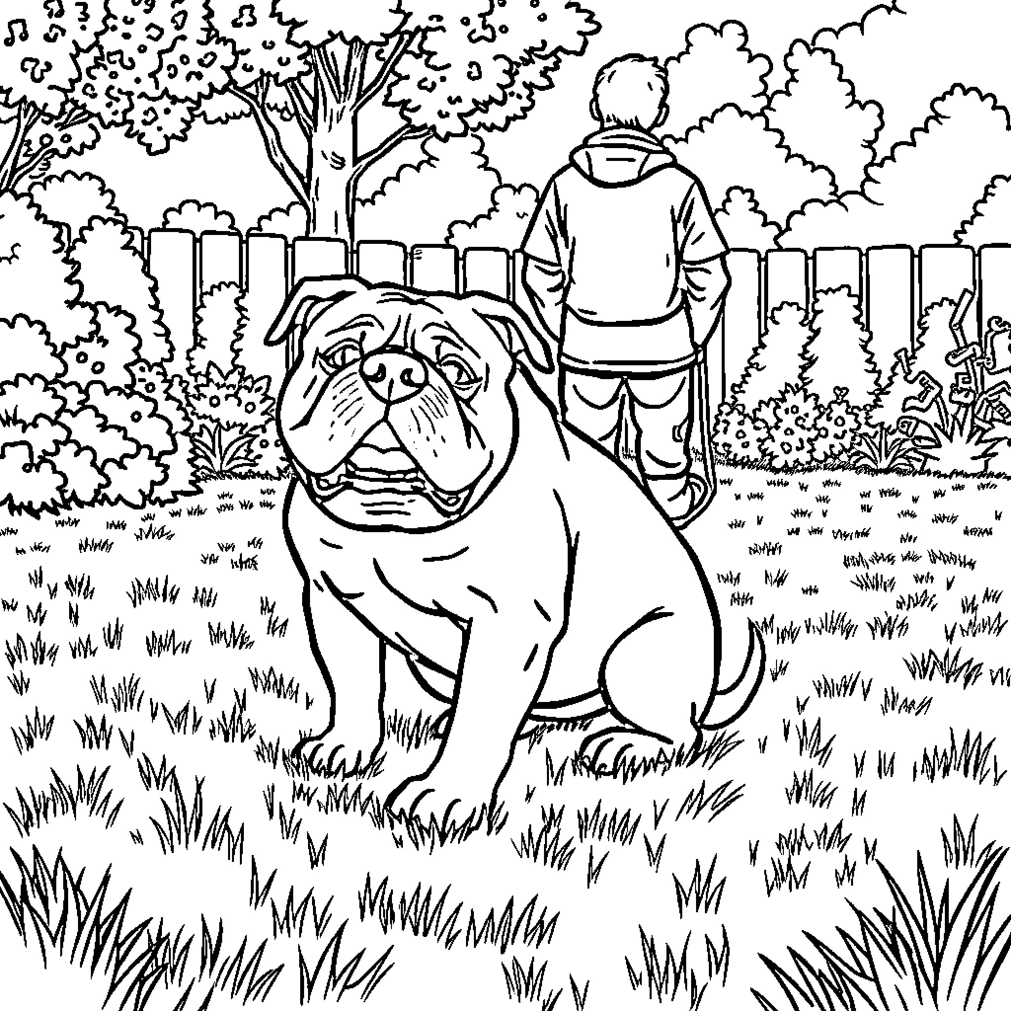 Bulldog enjoying a peaceful walk in the park Coloring Page (free black-and-white line drawing printable PDF for all, from beginners to advanced learners, including children, teens, adults, and seniors)