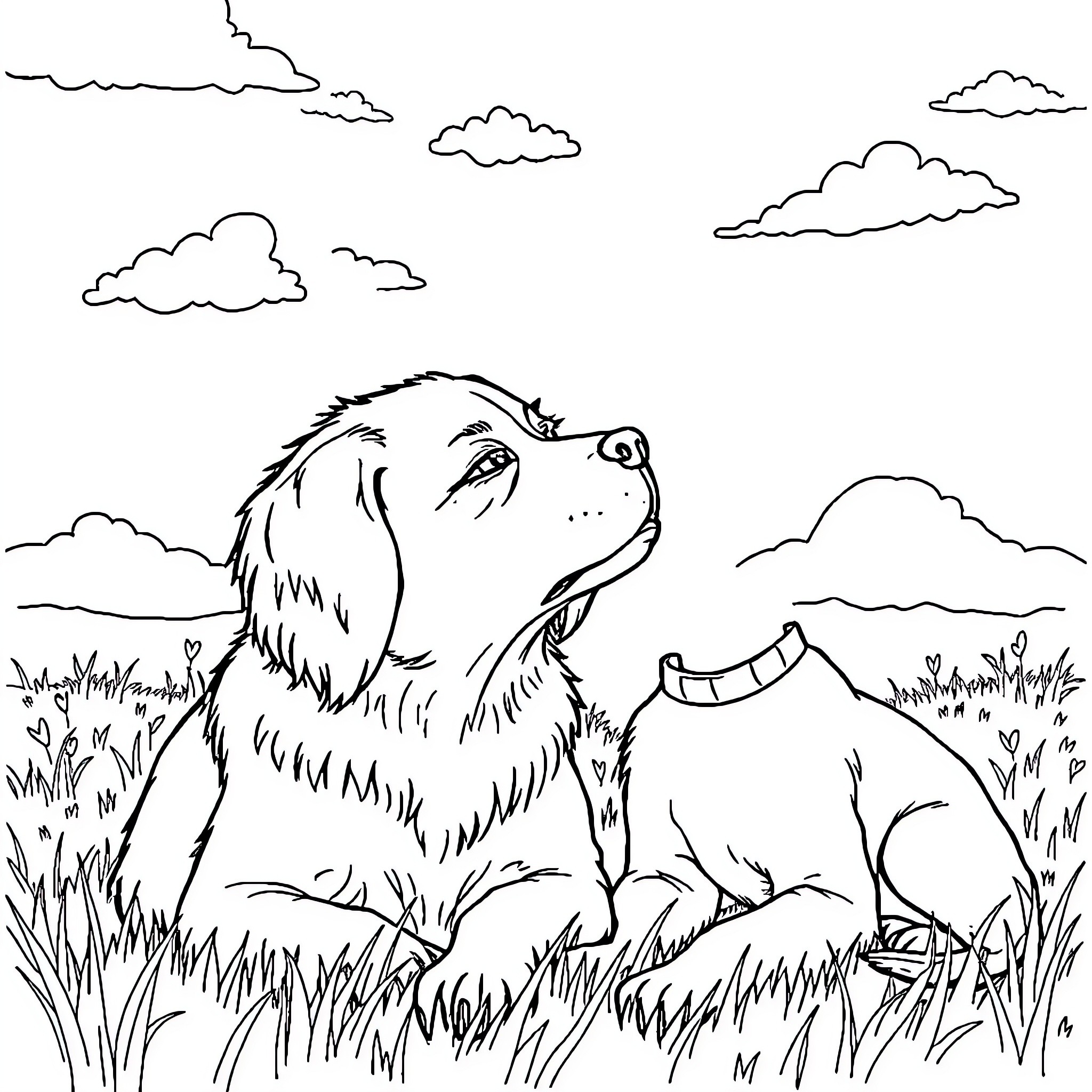 Dogday adventure in the lush meadow Coloring Page (free black-and-white line drawing printable PDF for all, from beginners to advanced learners, including children, teens, adults, and seniors)
