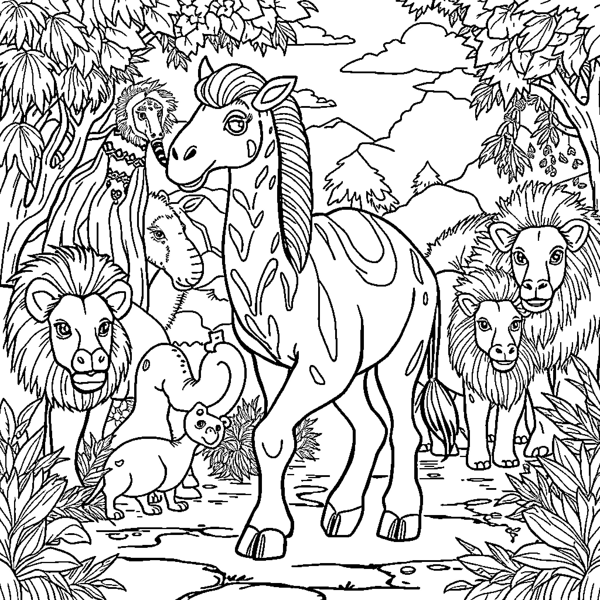 Giraffe and other animals in the jungle Coloring Page (free black-and-white line drawing printable PDF for all, from beginners to advanced learners, including children, teens, adults, and seniors)