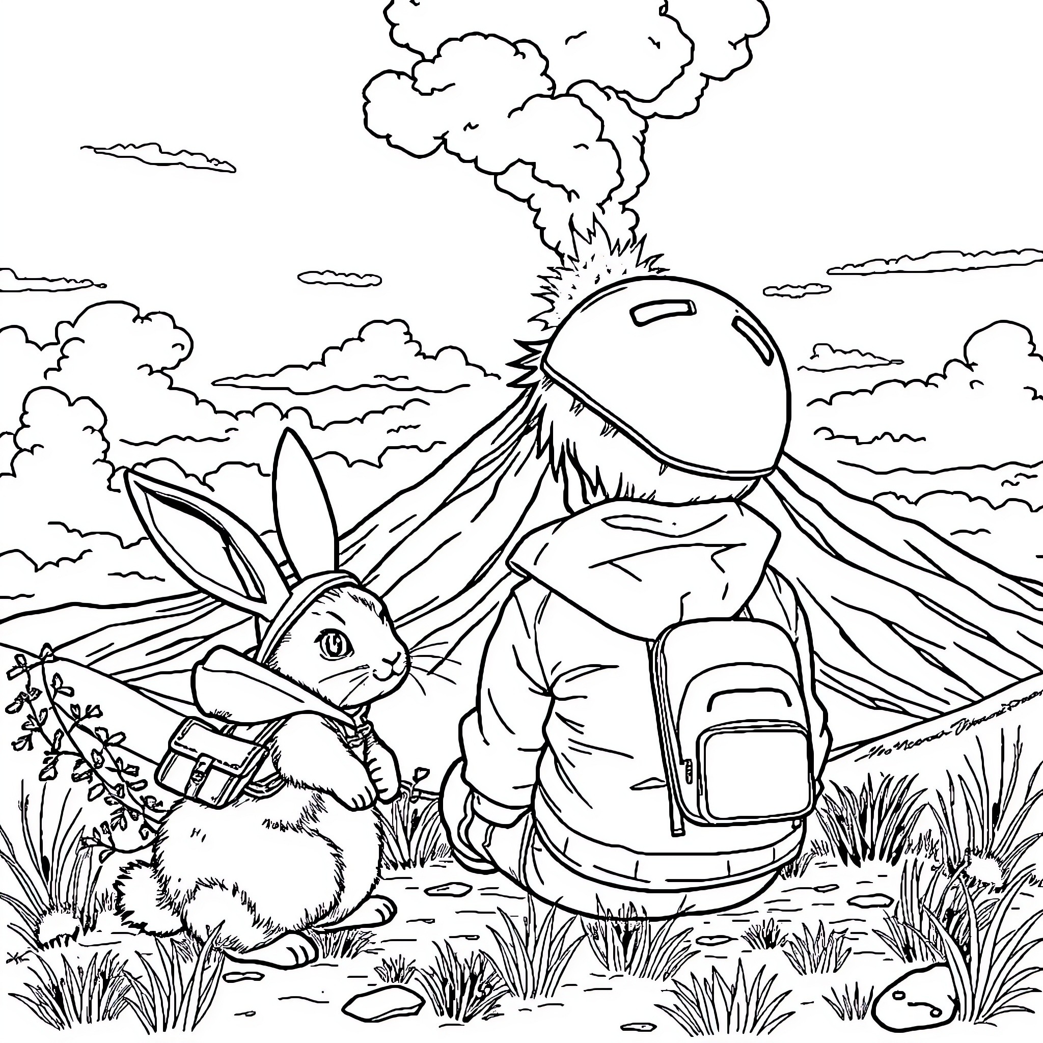 Boy explores the wilderness with rabbit companion Coloring Page (free black-and-white line drawing printable PDF for all, from beginners to advanced learners, including children, teens, adults, and seniors)