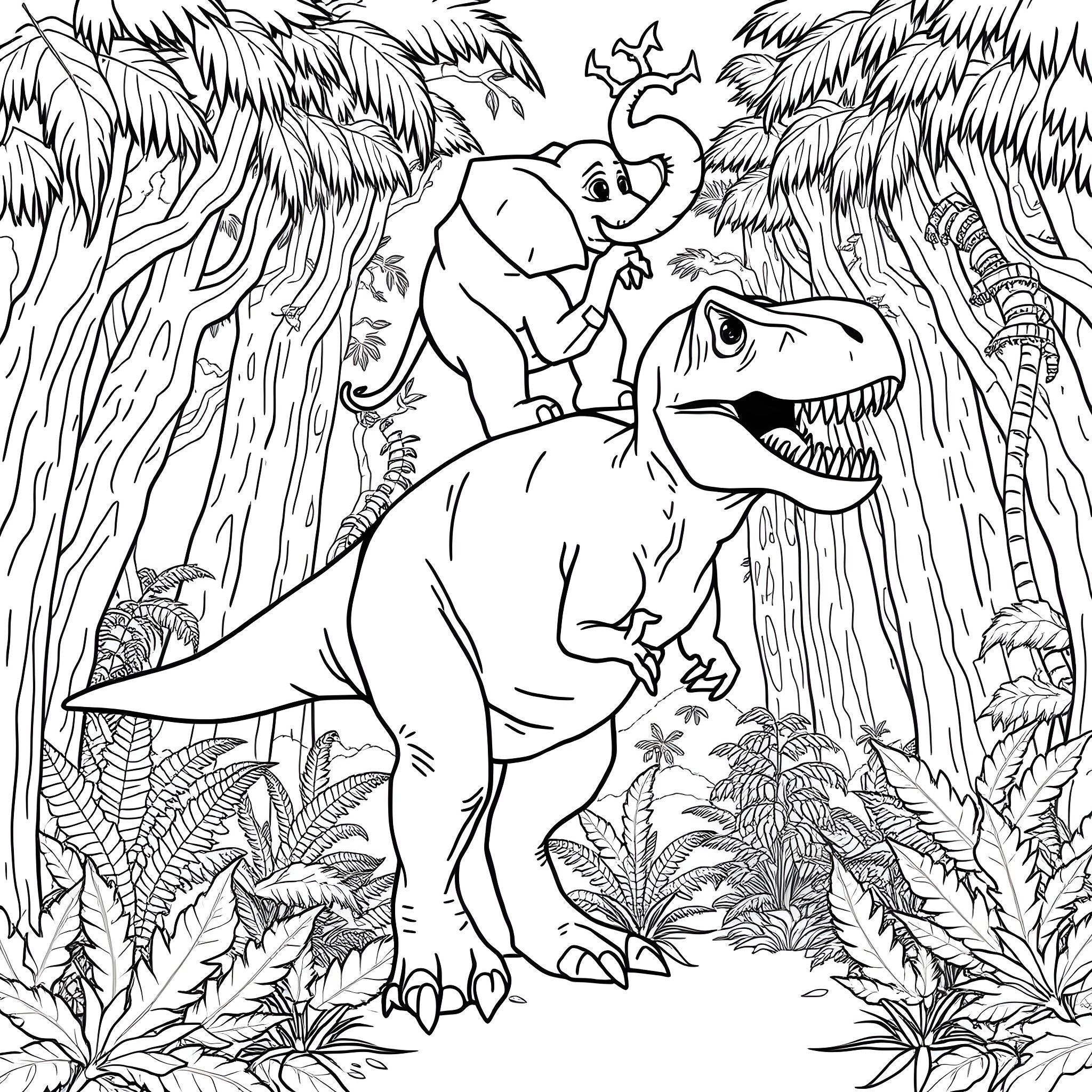 Elephant riding playfully on a dinosaur in the jungle Coloring Page (free black-and-white line drawing printable PDF for all, from beginners to advanced learners, including children, teens, adults, and seniors)