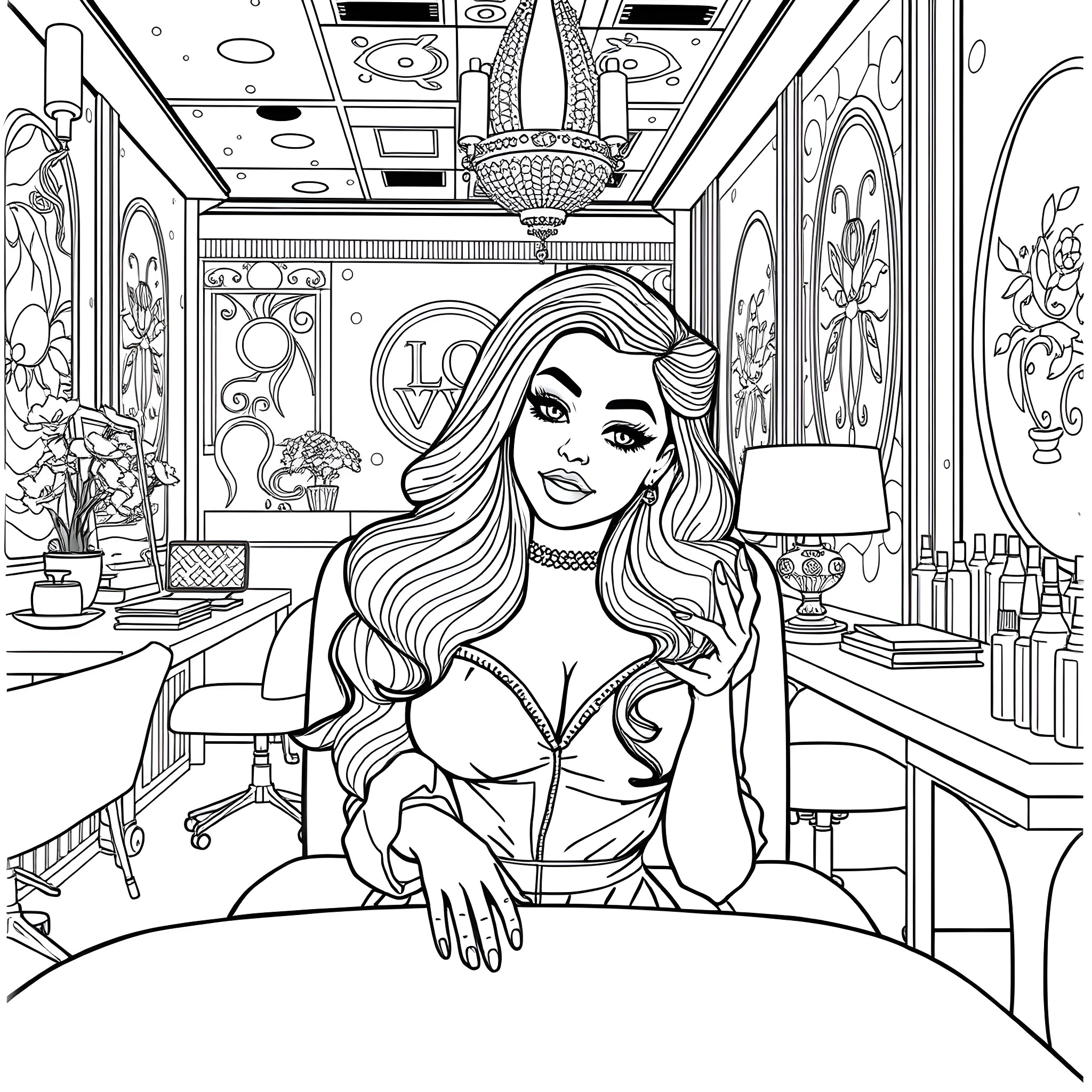 Lil Kim's Glamorous Salon Adventure Coloring Page (free black-and-white line drawing printable PDF for all, from beginners to advanced learners, including children, teens, adults, and seniors)