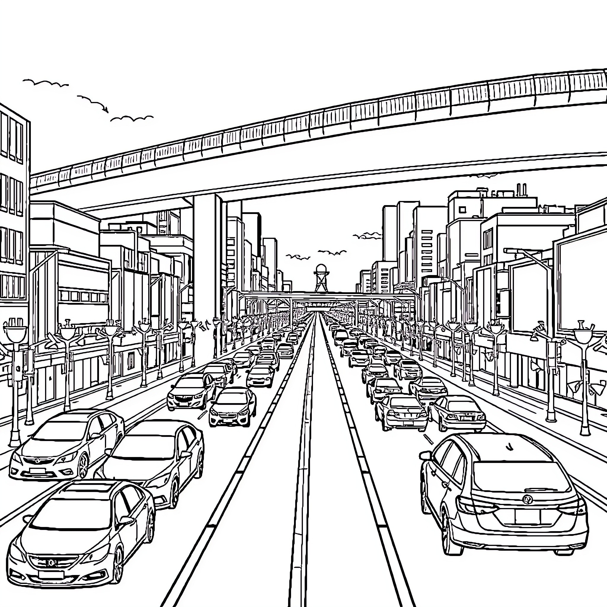 Road with Vehicles and Skyscrapers in Urban Cityscape Coloring Page (free black-and-white line drawing printable PDF for all, from beginners to advanced learners, including children, teens, adults, and seniors)
