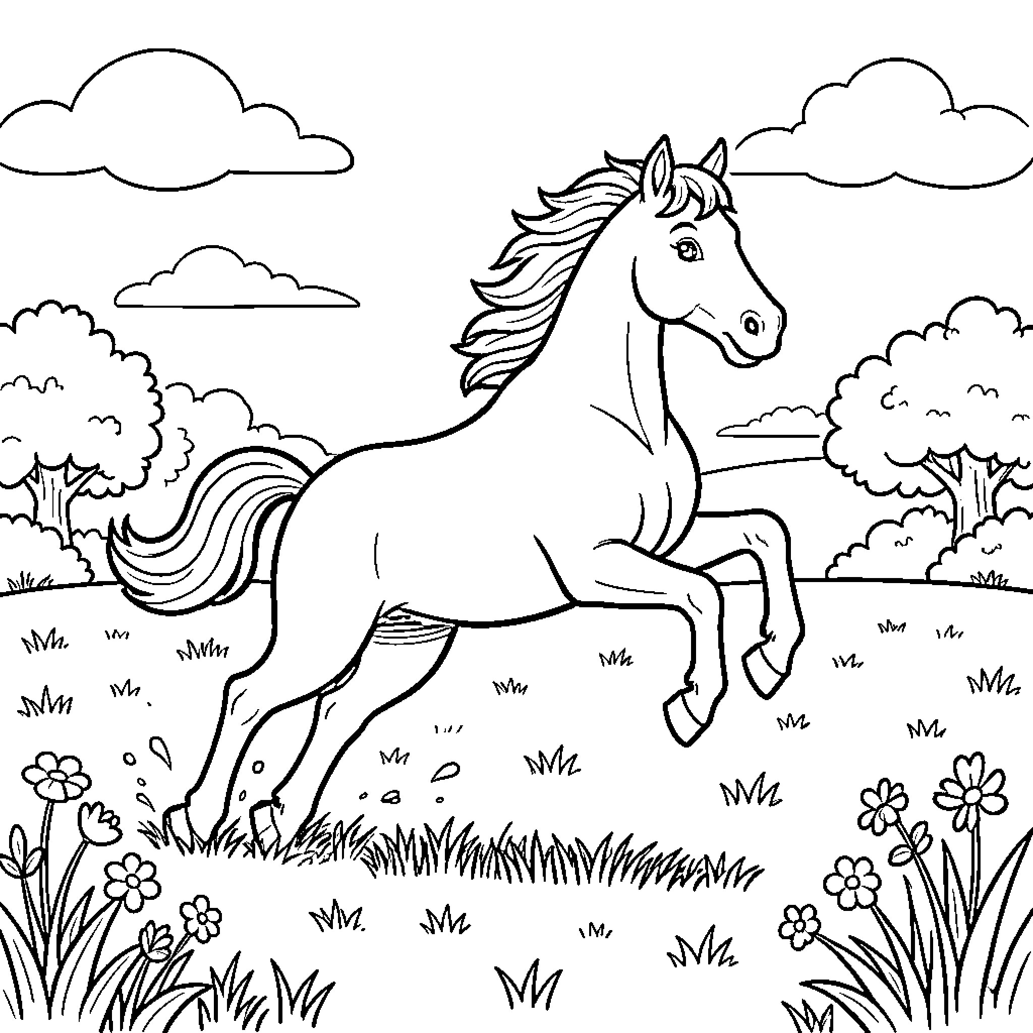 Caballo running freely in a meadow Coloring Page (free black-and-white line drawing printable PDF for all, from beginners to advanced learners, including children, teens, adults, and seniors)
