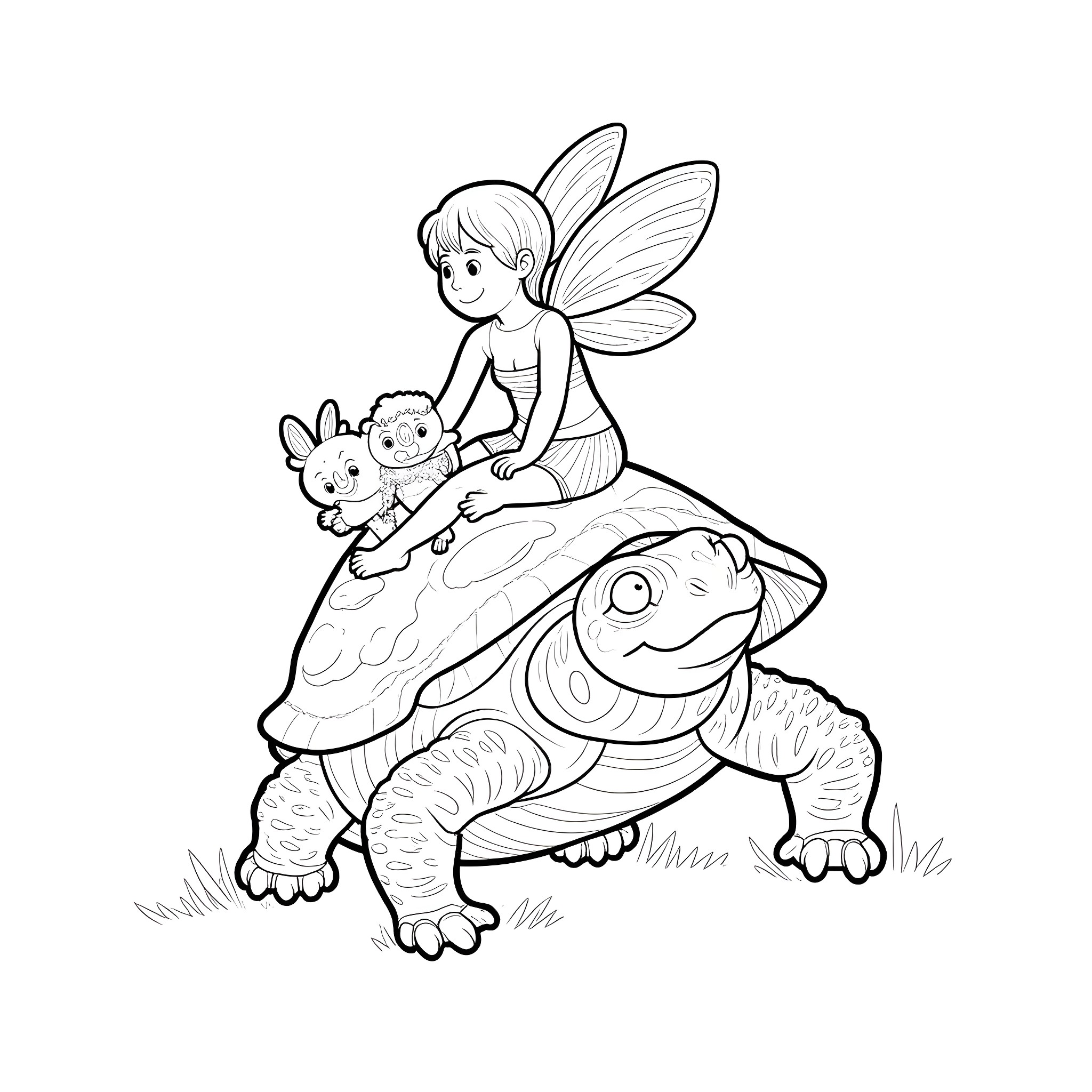 Pixie riding a friendly turtle in the meadow Coloring Page (free black-and-white line drawing printable PDF for all, from beginners to advanced learners, including children, teens, adults, and seniors)