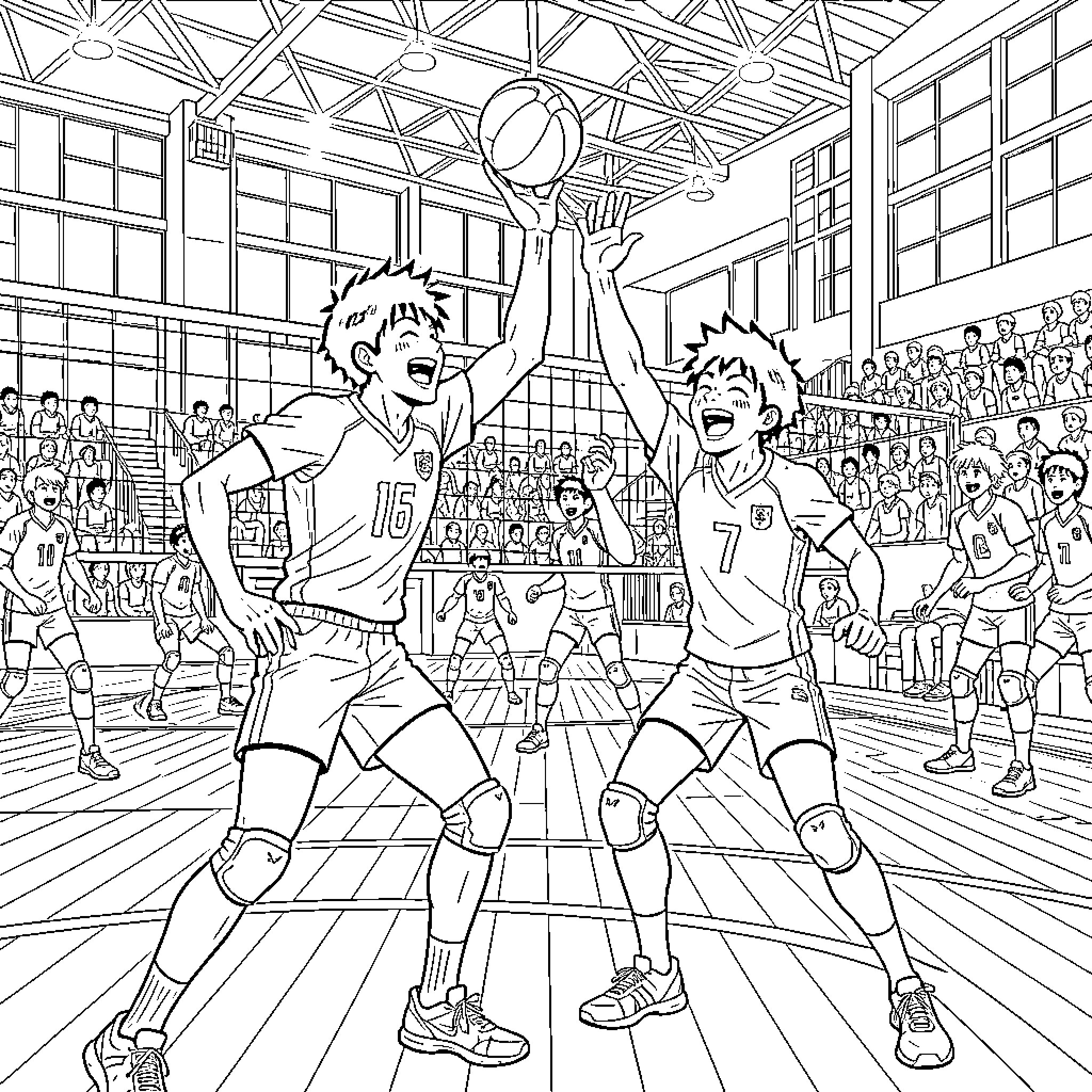 Shoyo's Volleyball Triumph Coloring Page (free black-and-white line drawing printable PDF for all, from beginners to advanced learners, including children, teens, adults, and seniors)