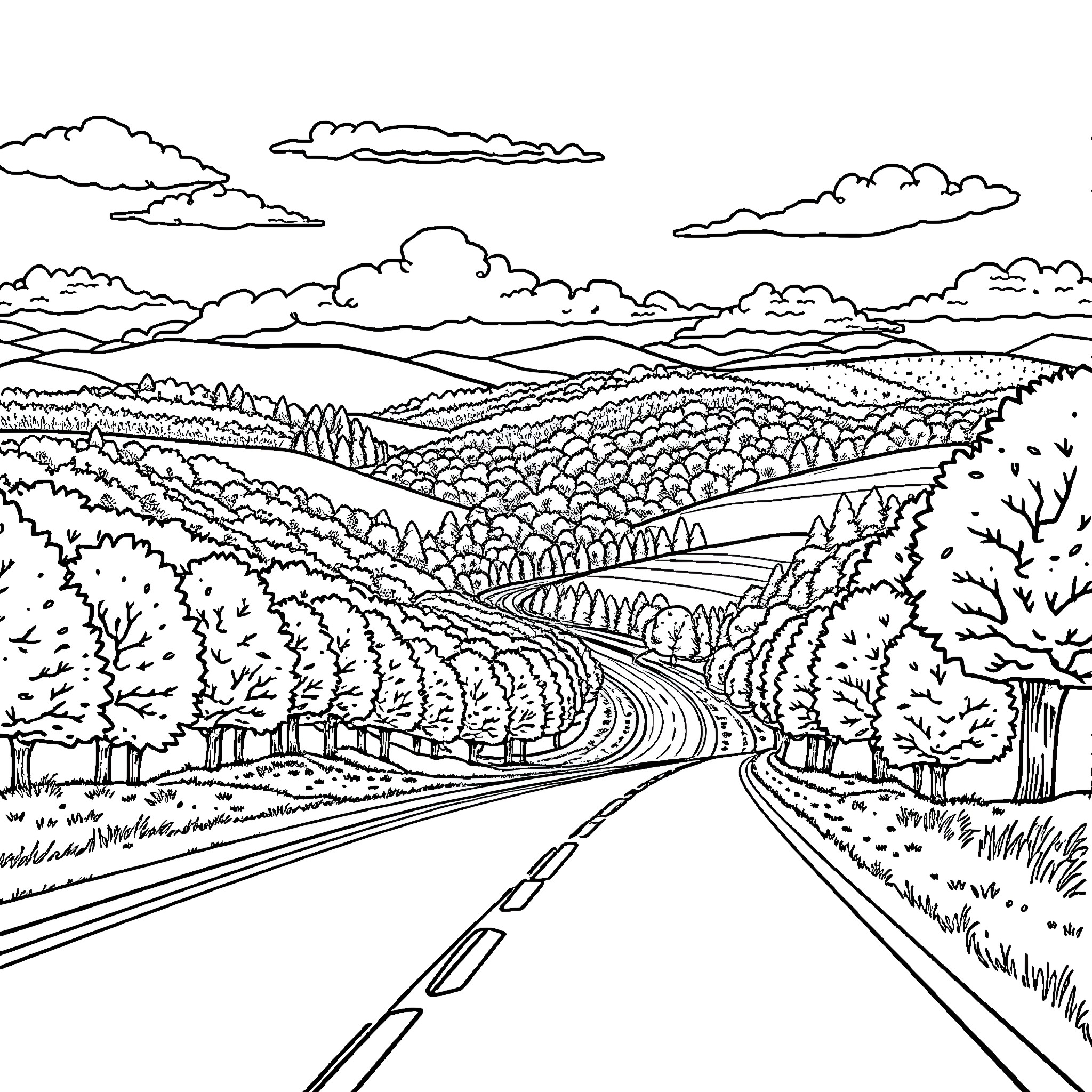 Road Trip Through Scenic Countryside Landscape Coloring Page (free black-and-white line drawing printable PDF for all, from beginners to advanced learners, including children, teens, adults, and seniors)