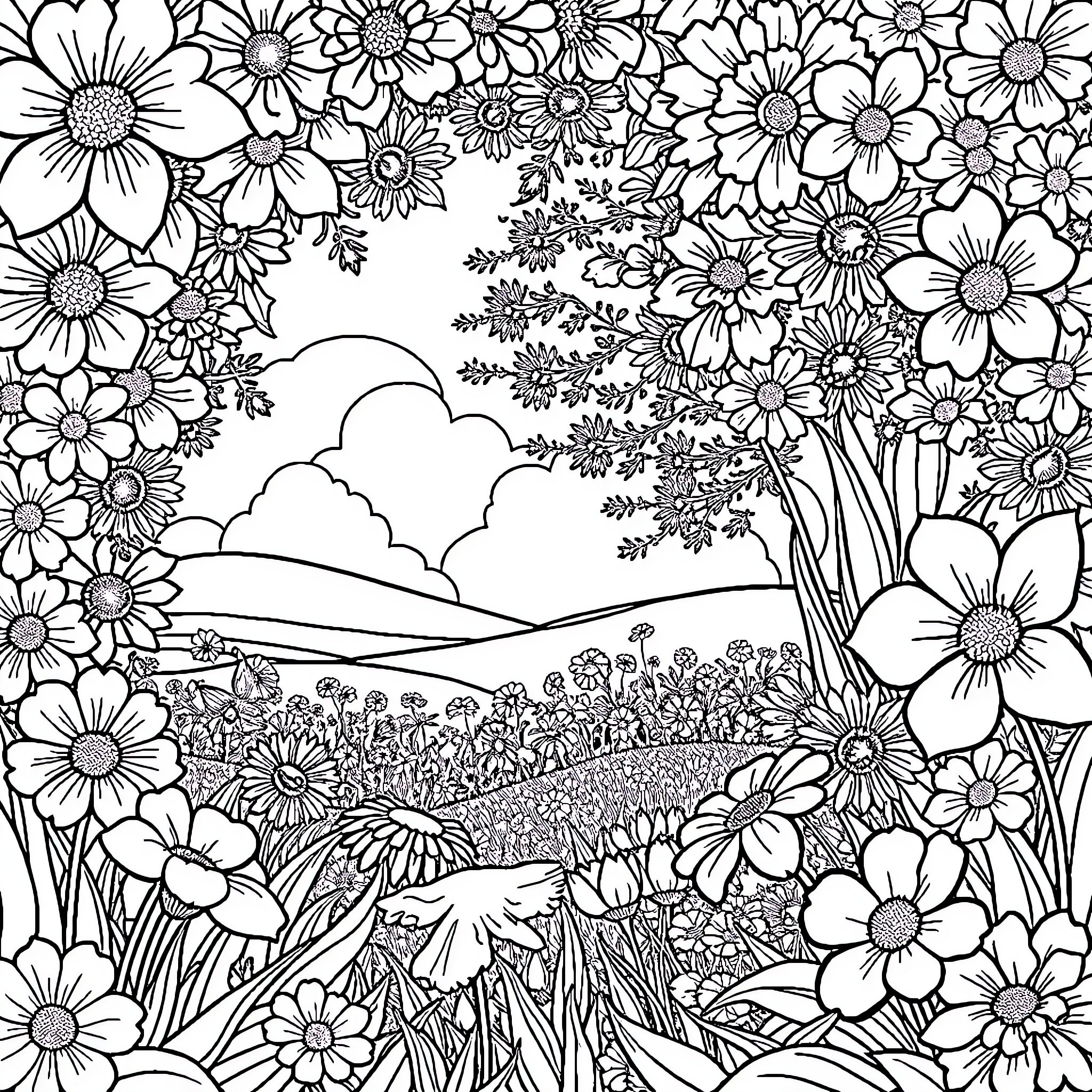 Flower Filled Landscape with Tranquil Scenery Coloring Page (free black-and-white line drawing printable PDF for all, from beginners to advanced learners, including children, teens, adults, and seniors)