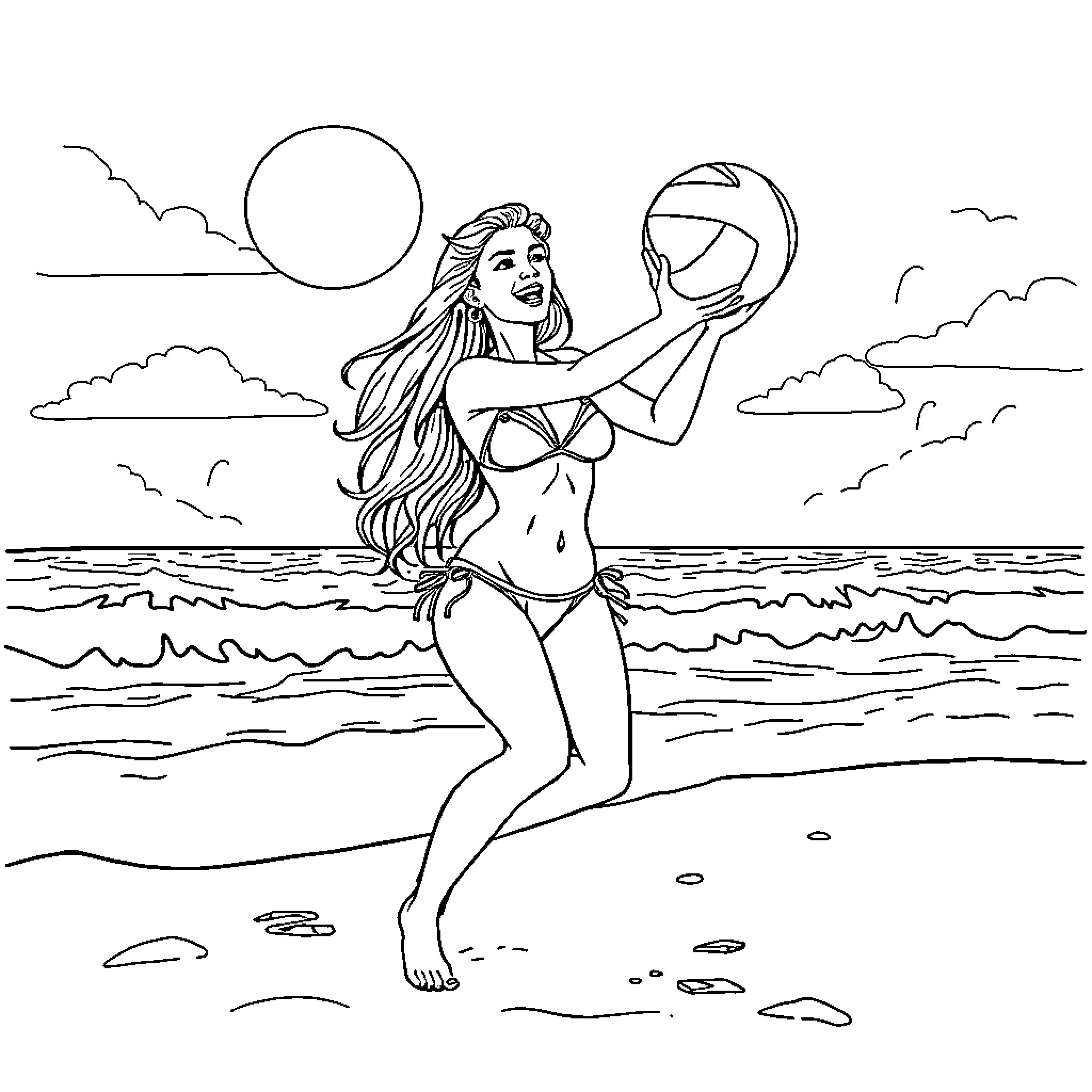 Bikini Babe playing with beach ball by the ocean Coloring Page (free black-and-white line drawing printable PDF for all, from beginners to advanced learners, including children, teens, adults, and seniors)