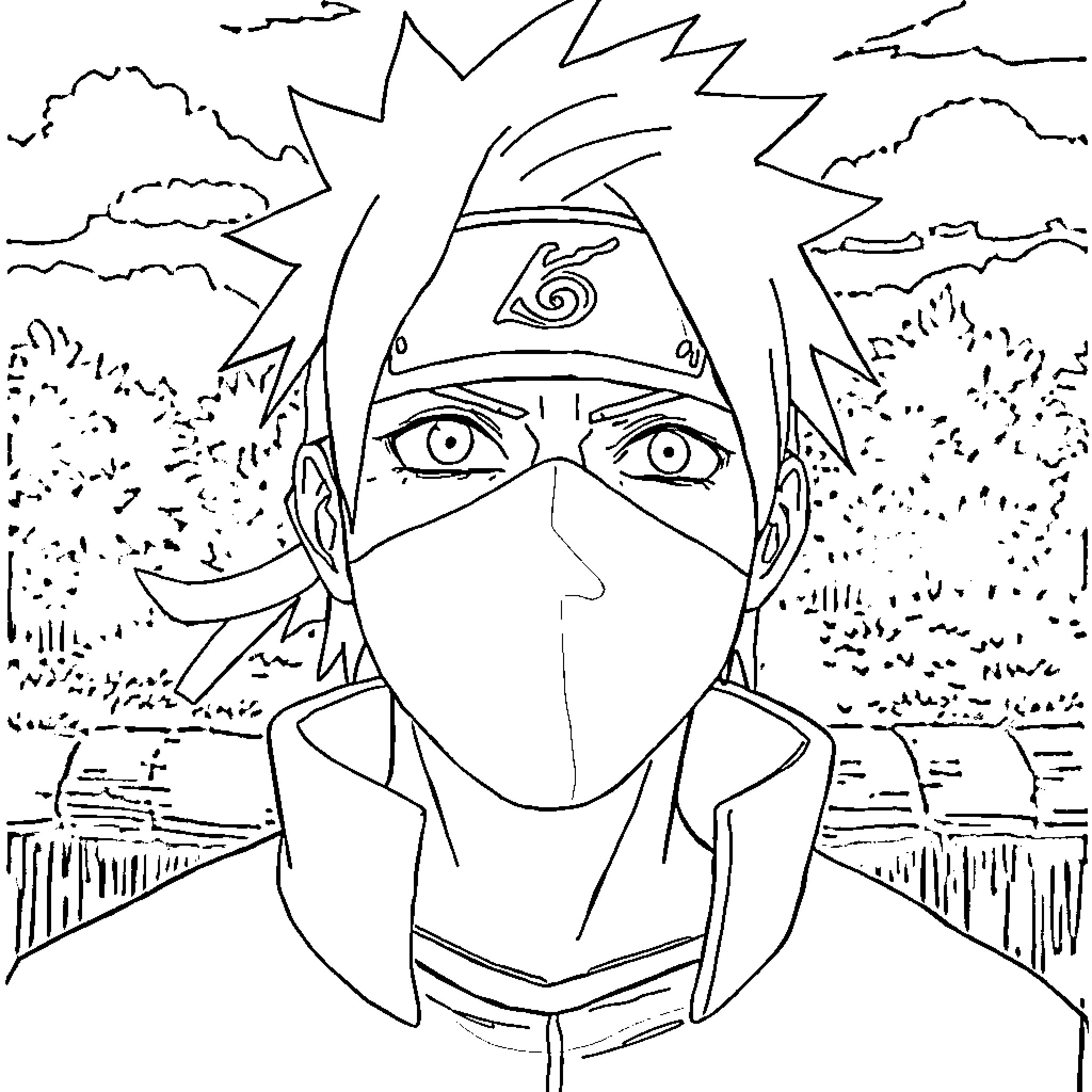 Kakashi in intense ninja mode Coloring Page (free black-and-white line drawing printable PDF for all, from beginners to advanced learners, including children, teens, adults, and seniors)