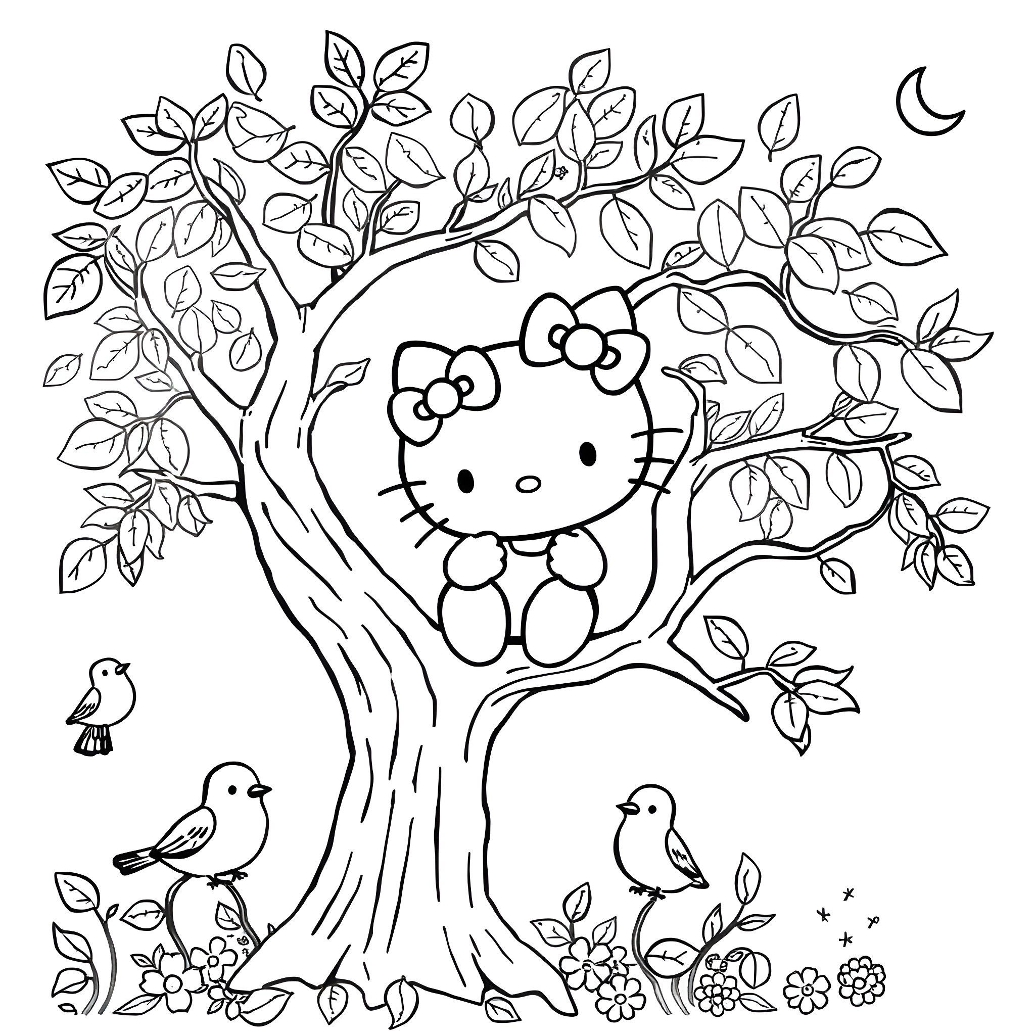 Hello Kitty sitting in a tree with birds Coloring Page (free black-and-white line drawing printable PDF for all, from beginners to advanced learners, including children, teens, adults, and seniors)