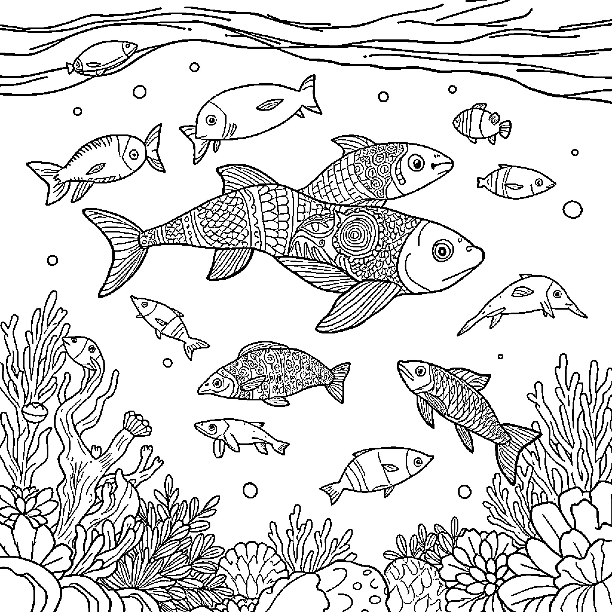 Ocean Animal Underwater Scene with Diverse Fish Coloring Page (free black-and-white line drawing printable PDF for all, from beginners to advanced learners, including children, teens, adults, and seniors)