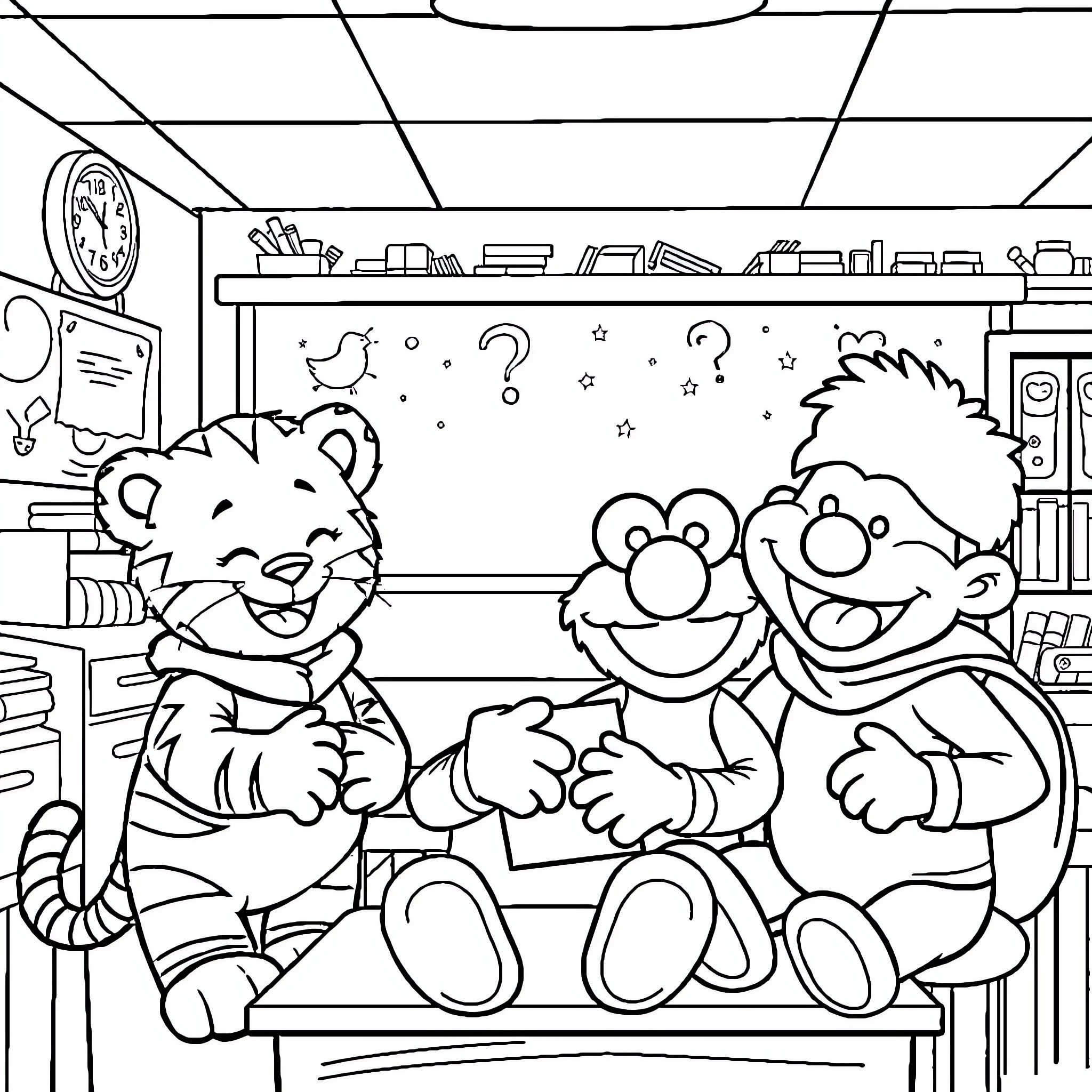 Tiger toys having fun in the classroom Coloring Page (free black-and-white line drawing printable PDF for all, from beginners to advanced learners, including children, teens, adults, and seniors)
