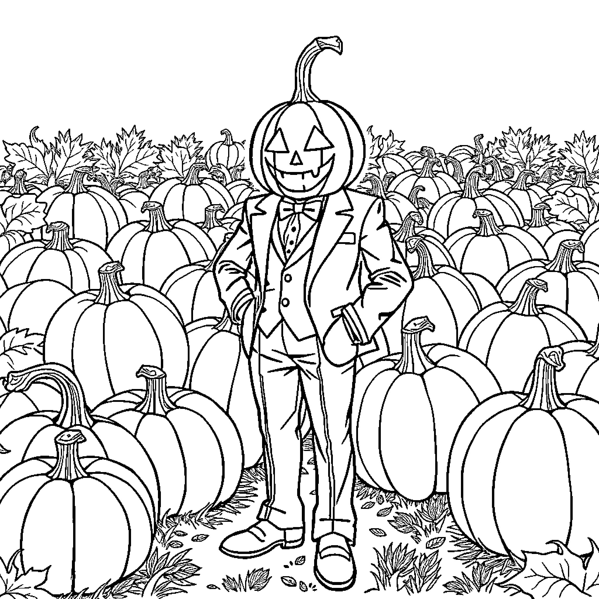 Pumpkin-headed figure surrounded by a pumpkin patch Coloring Page (free black-and-white line drawing printable PDF for all, from beginners to advanced learners, including children, teens, adults, and seniors)