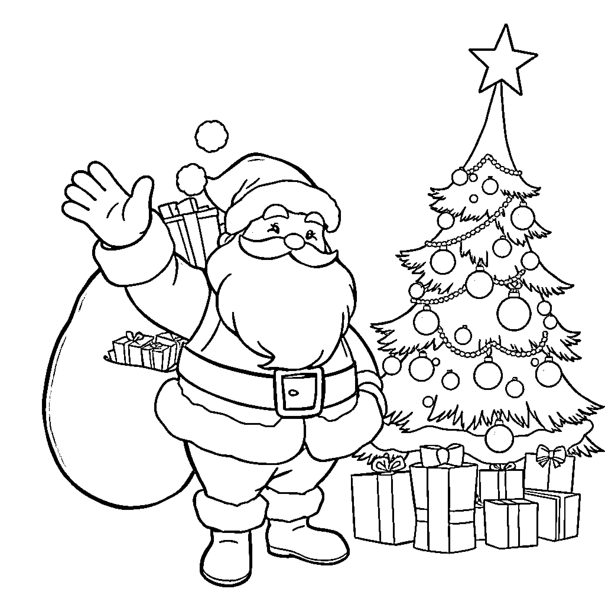 Santa Claus waving and delivering presents near Christmas tree Coloring Page (free black-and-white line drawing printable PDF for all, from beginners to advanced learners, including children, teens, adults, and seniors)