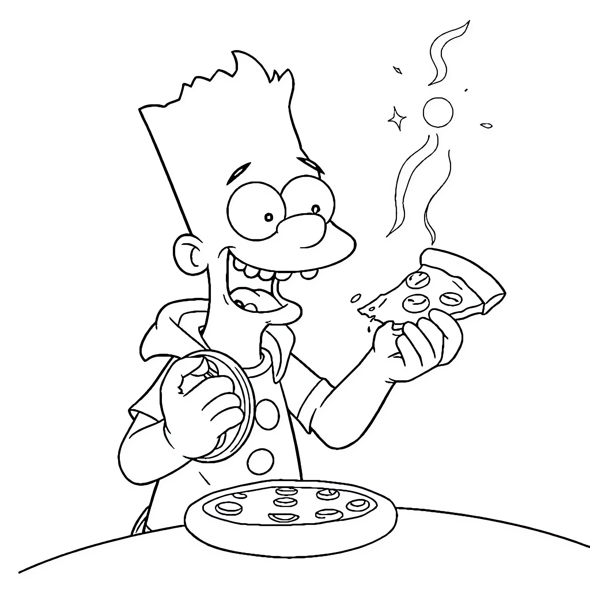 Bart Man cooking a tasty pizza Coloring Page (free black-and-white line drawing printable PDF for all, from beginners to advanced learners, including children, teens, adults, and seniors)