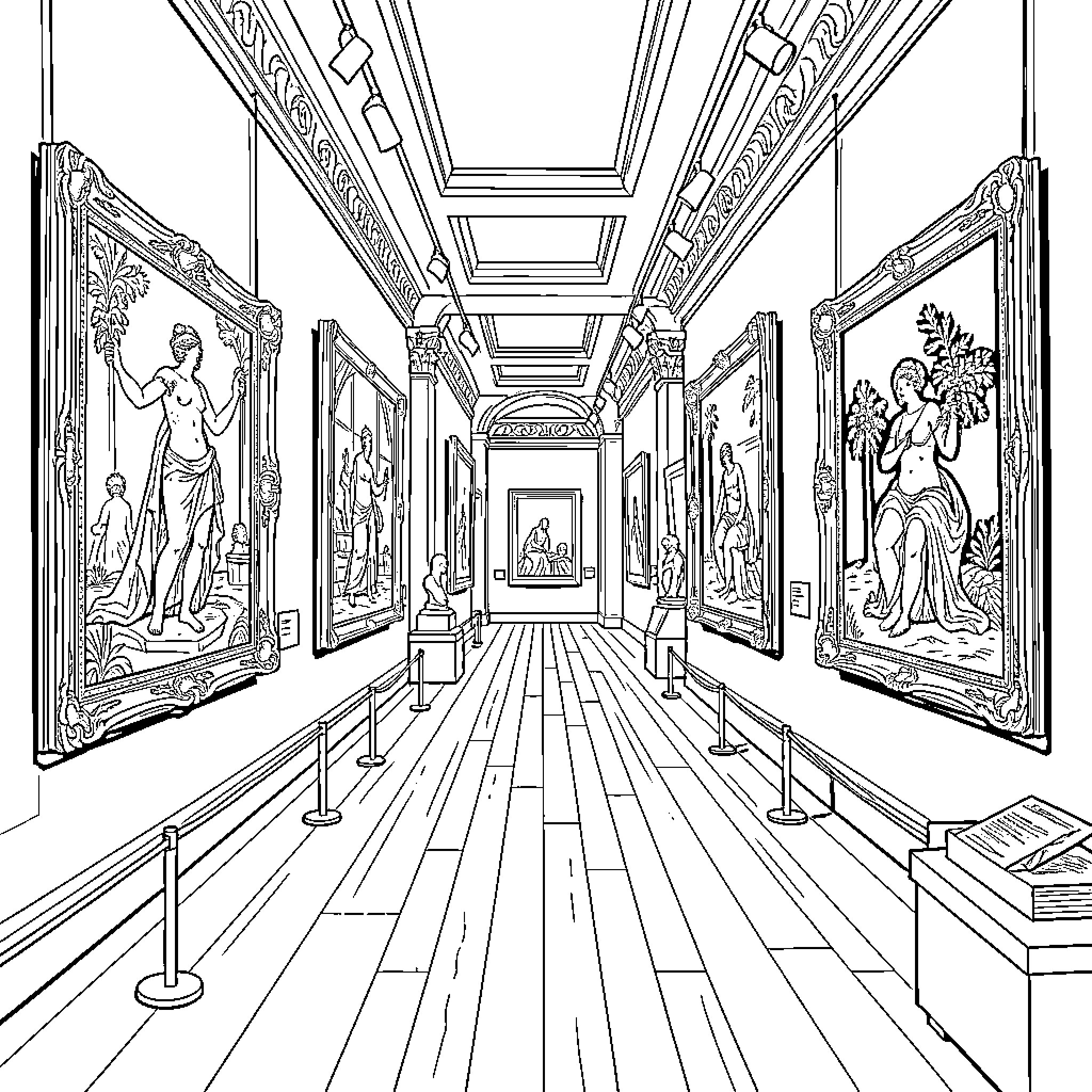 Classic Paintings displayed within a grand art gallery hallway Coloring Page (free black-and-white line drawing printable PDF for all, from beginners to advanced learners, including children, teens, adults, and seniors)