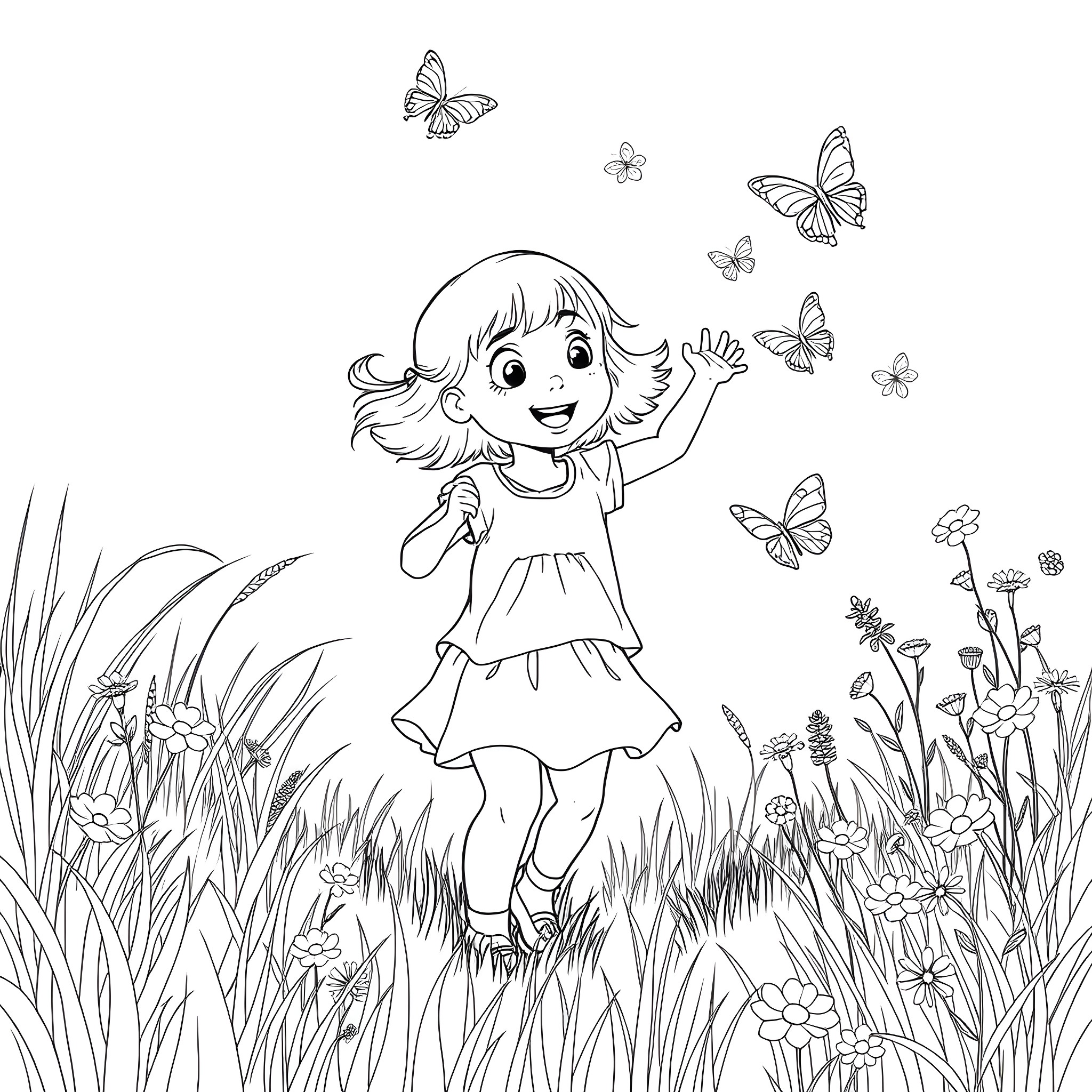Girl playing with butterflies in a meadow Coloring Page (free black-and-white line drawing printable PDF for all, from beginners to advanced learners, including children, teens, adults, and seniors)