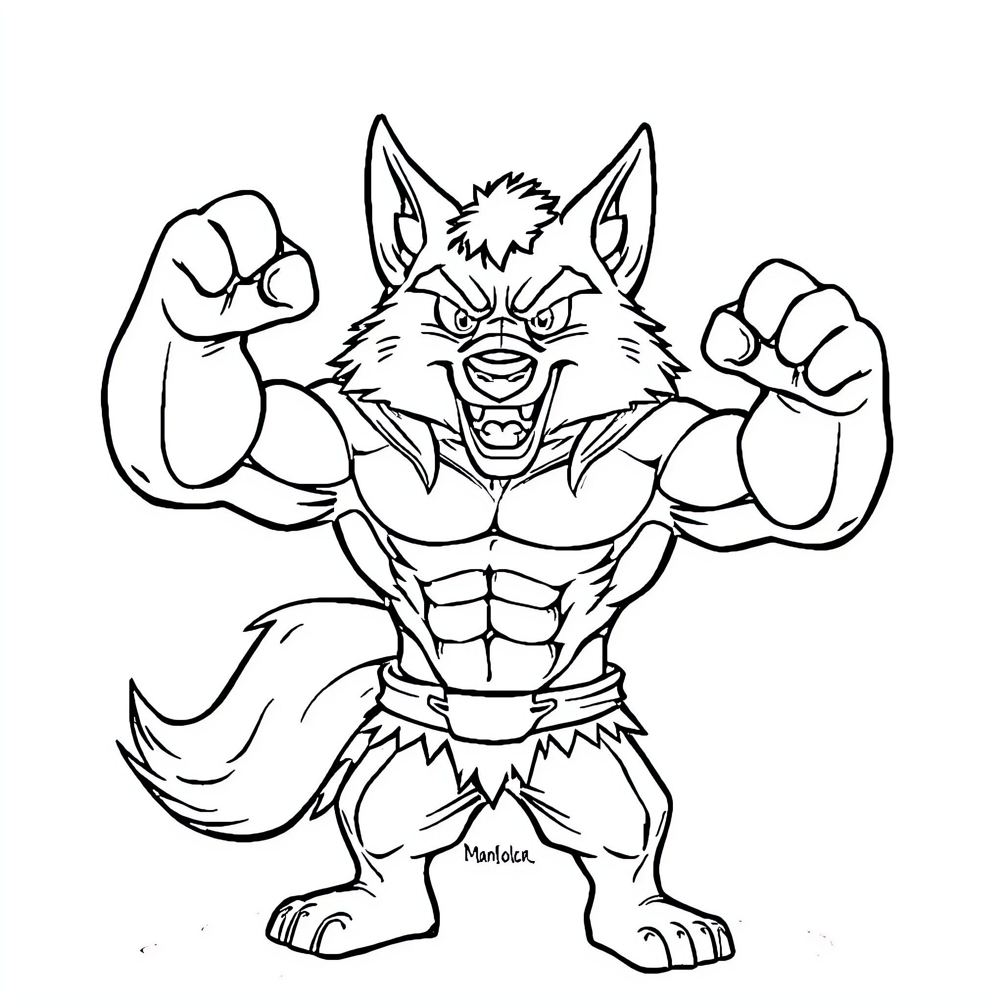 Wolf character showing muscles and strength Coloring Page (free black-and-white line drawing printable PDF for all, from beginners to advanced learners, including children, teens, adults, and seniors)