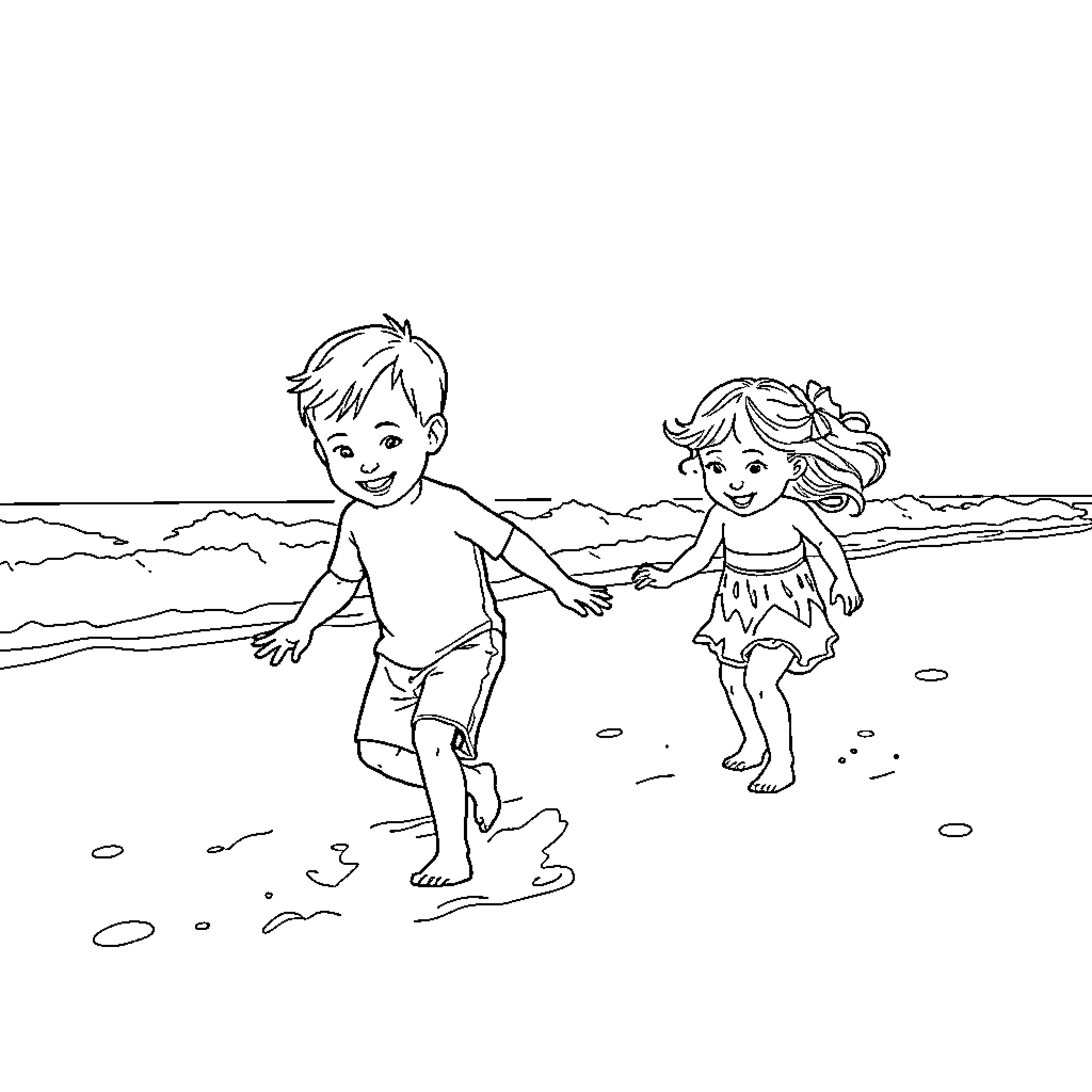 Child playing joyfully with friend on the beach Coloring Page (free black-and-white line drawing printable PDF for all, from beginners to advanced learners, including children, teens, adults, and seniors)