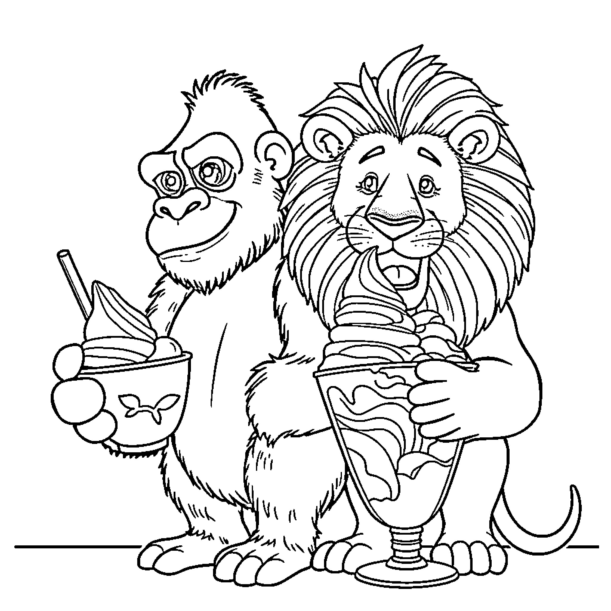 Gorilla and Lion Enjoying Drinks Together Coloring Page (free black-and-white line drawing printable PDF for all, from beginners to advanced learners, including children, teens, adults, and seniors)