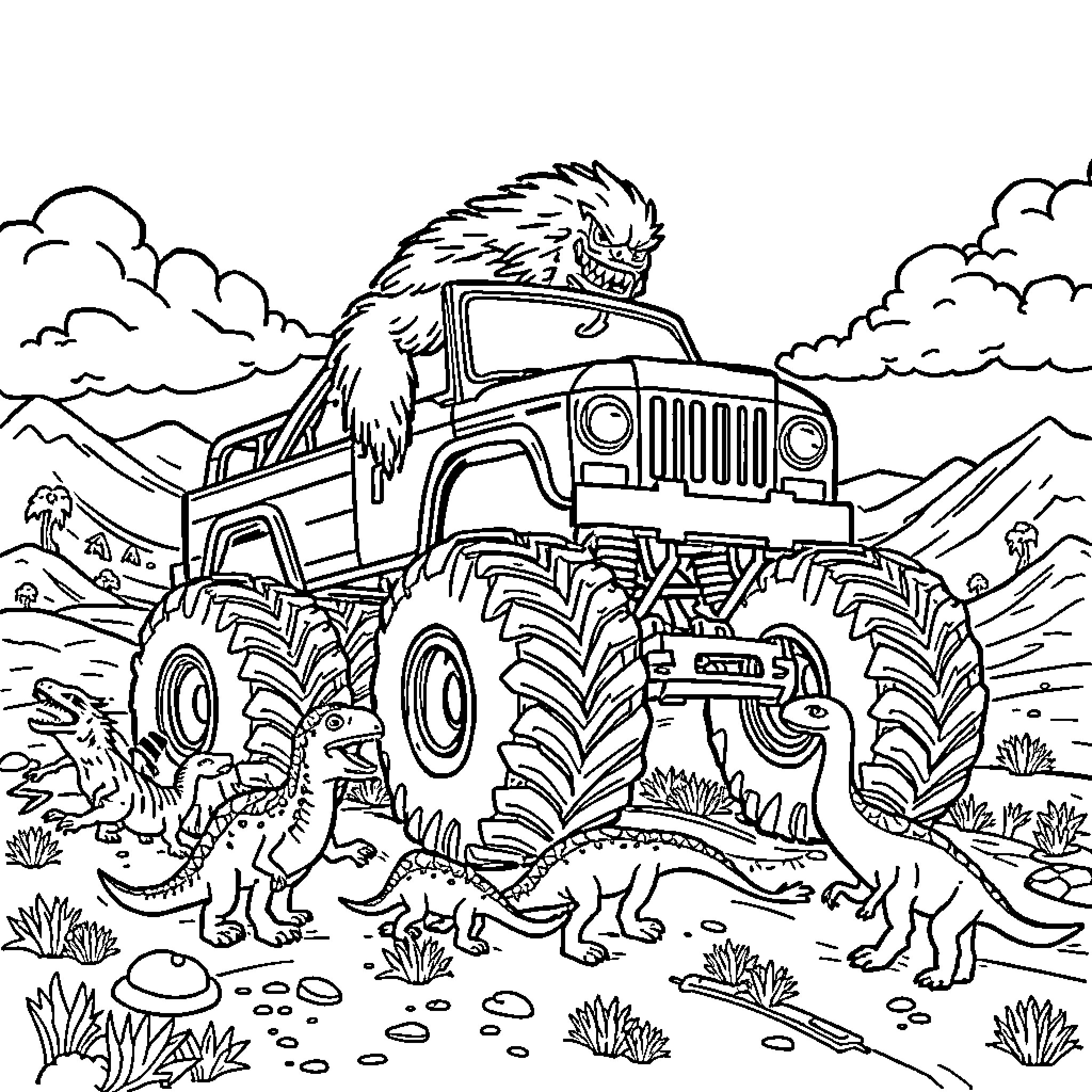Bigfoot driving monster truck through nature Coloring Page (free black-and-white line drawing printable PDF for all, from beginners to advanced learners, including children, teens, adults, and seniors)