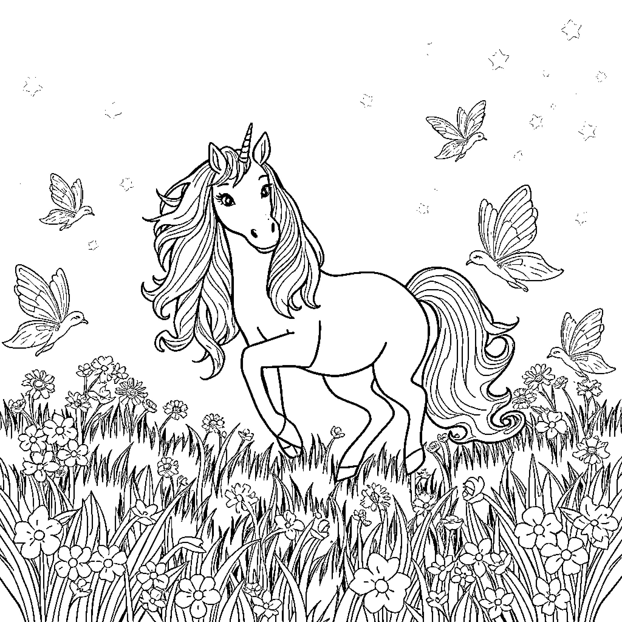 Unicorn frolicking among butterflies and flowers Coloring Page (free black-and-white line drawing printable PDF for all, from beginners to advanced learners, including children, teens, adults, and seniors)