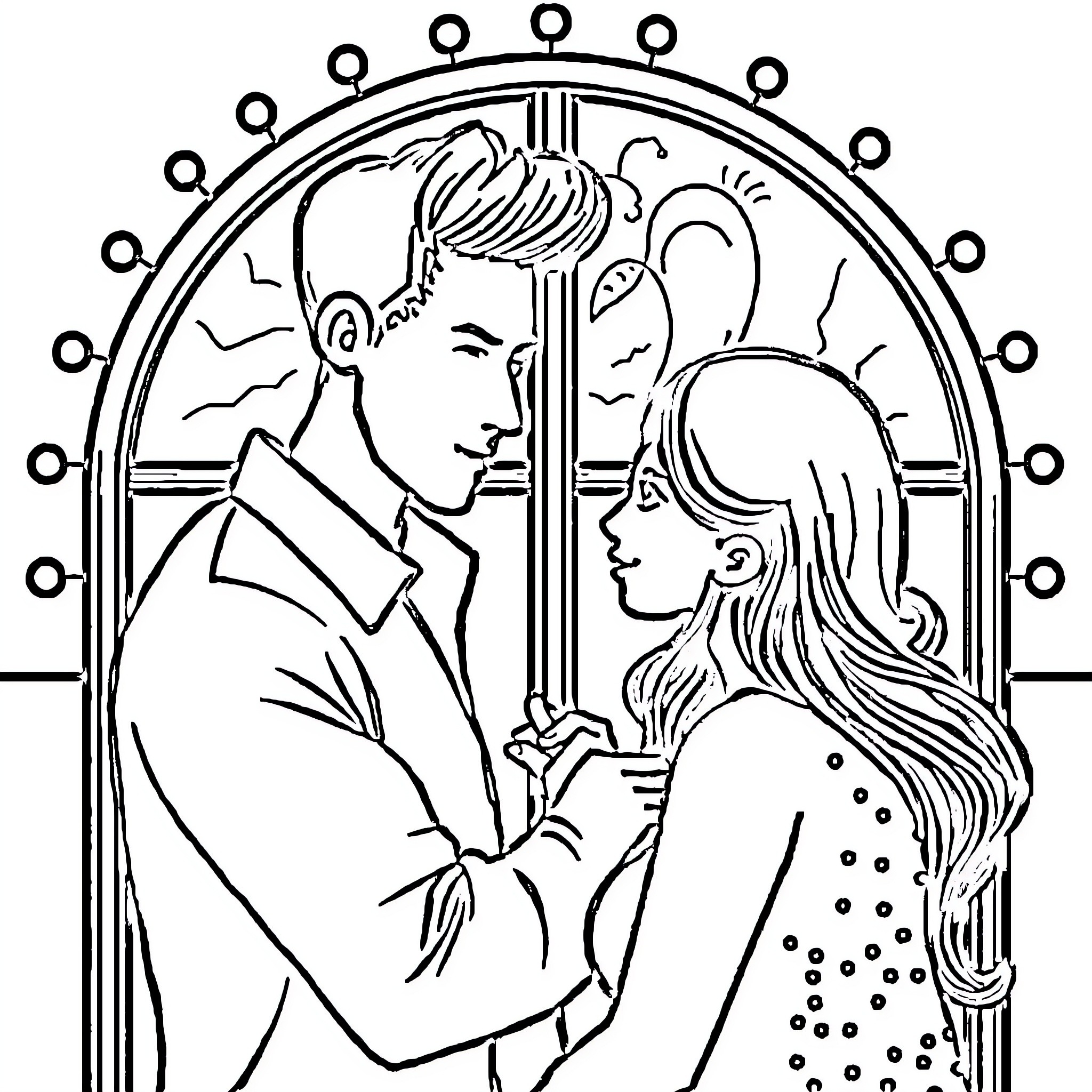 K-Pop Demon Hunters Embrace in Mystical Embrace Coloring Page (free black-and-white line drawing printable PDF for all, from beginners to advanced learners, including children, teens, adults, and seniors)