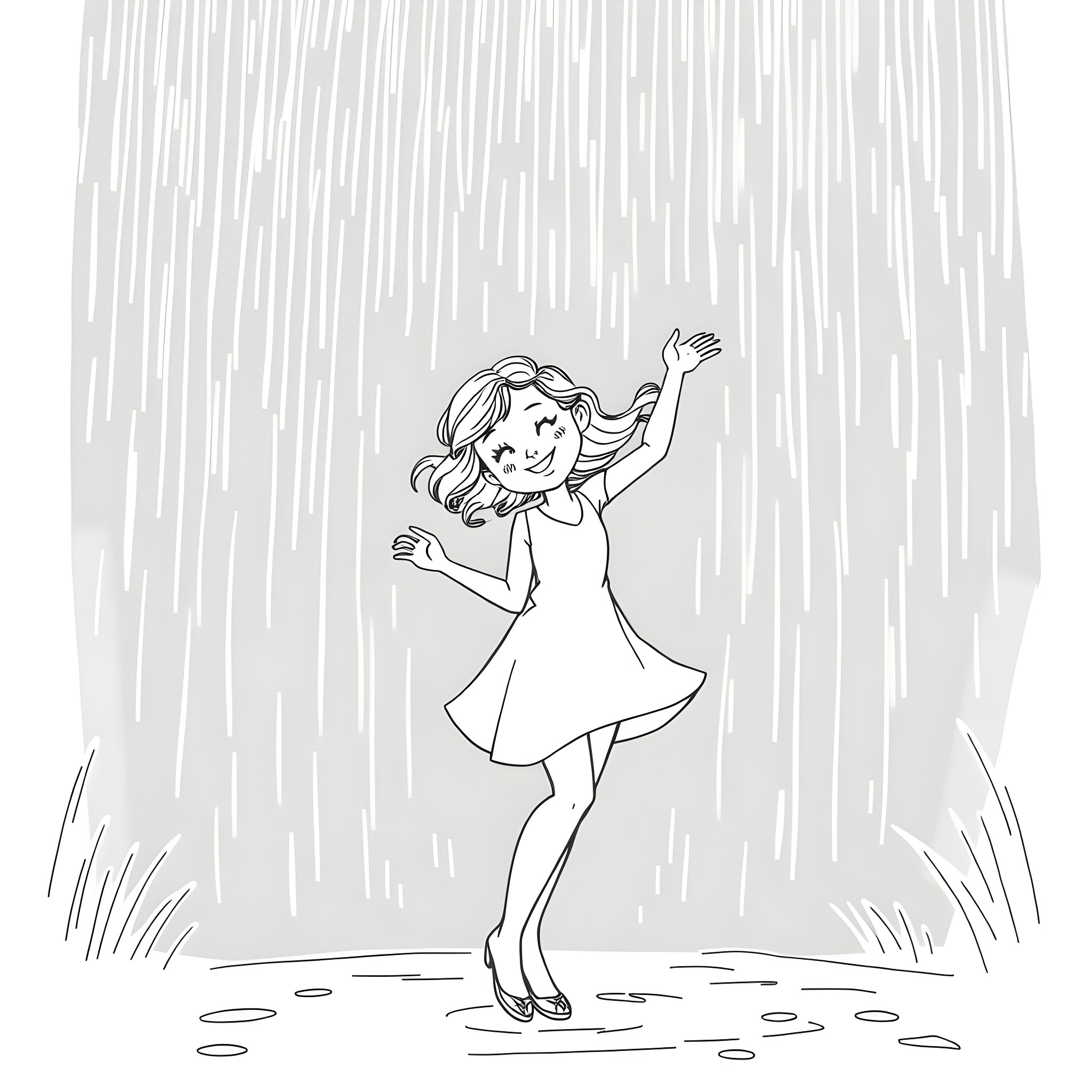 Sophie joyfully dancing in the rain Coloring Page (free black-and-white line drawing printable PDF for all, from beginners to advanced learners, including children, teens, adults, and seniors)