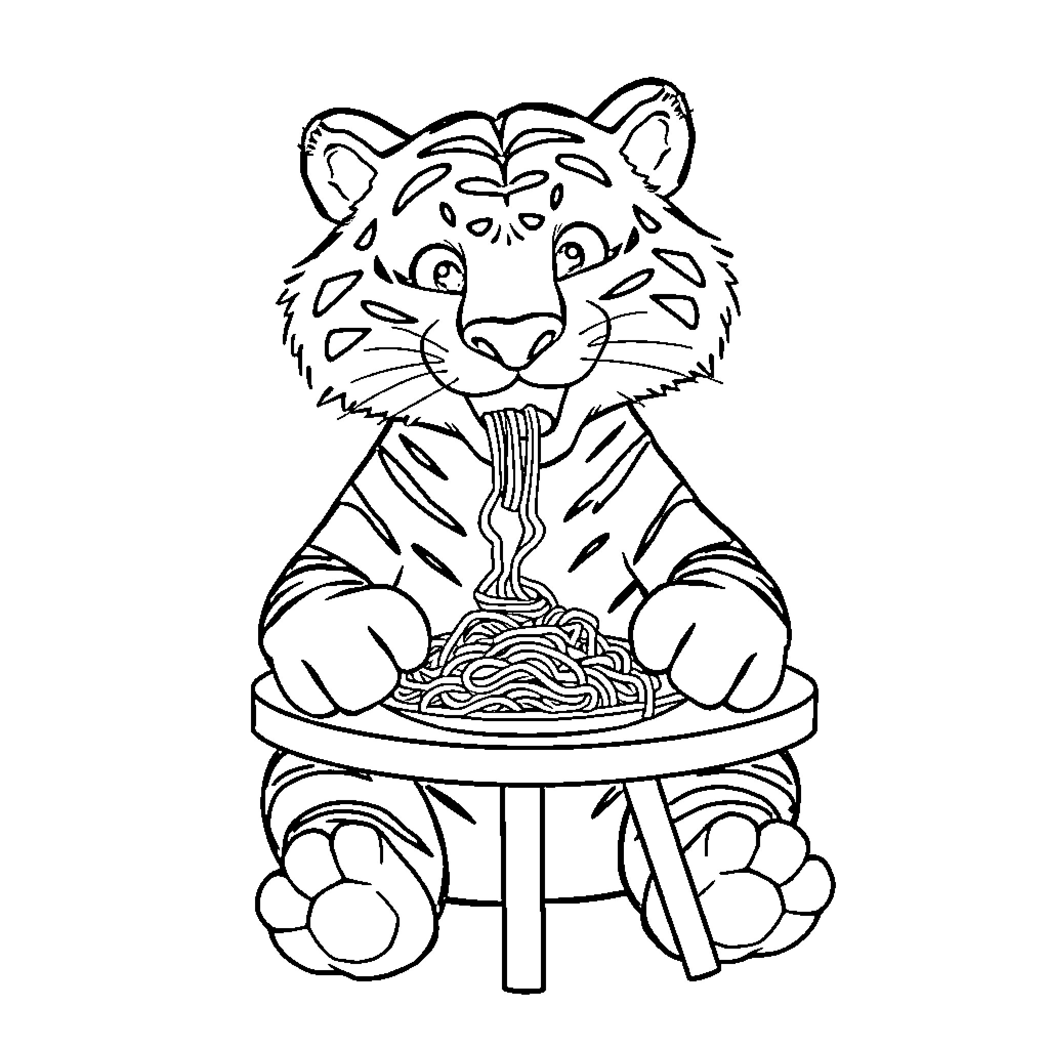 Tiger enjoying a hearty meal of spaghetti Coloring Page (free black-and-white line drawing printable PDF for all, from beginners to advanced learners, including children, teens, adults, and seniors)