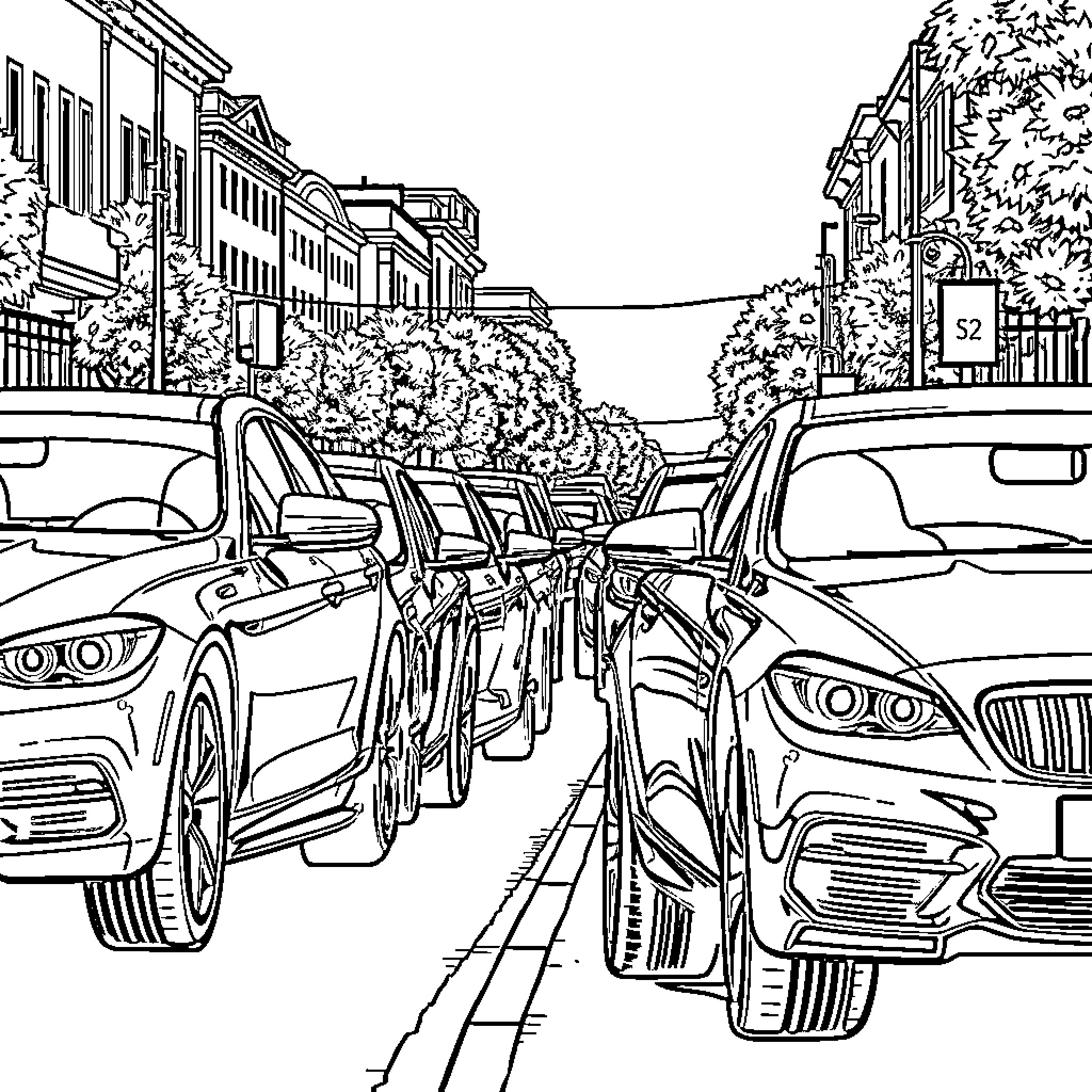 Cars parked on a city street with trees and buildings Coloring Page (free black-and-white line drawing printable PDF for all, from beginners to advanced learners, including children, teens, adults, and seniors)